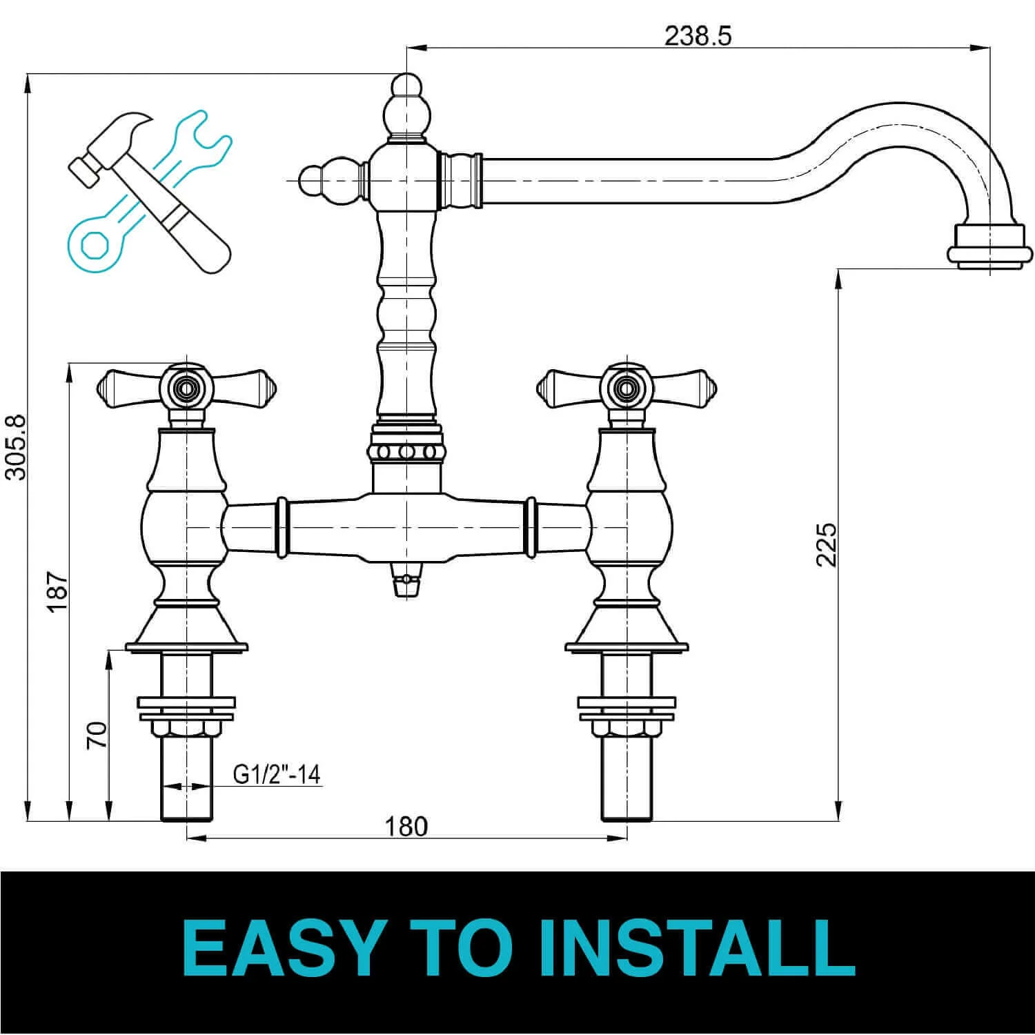 Langley traditional bridge kitchen sink mixer tap colonial crosshead - gold - Image 4