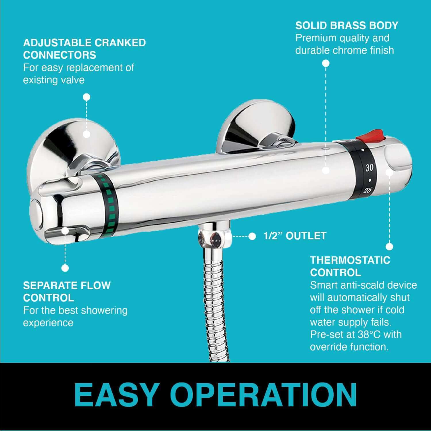 Luna standard thermostatic bar shower valve bottom outlet - chrome - Image 6