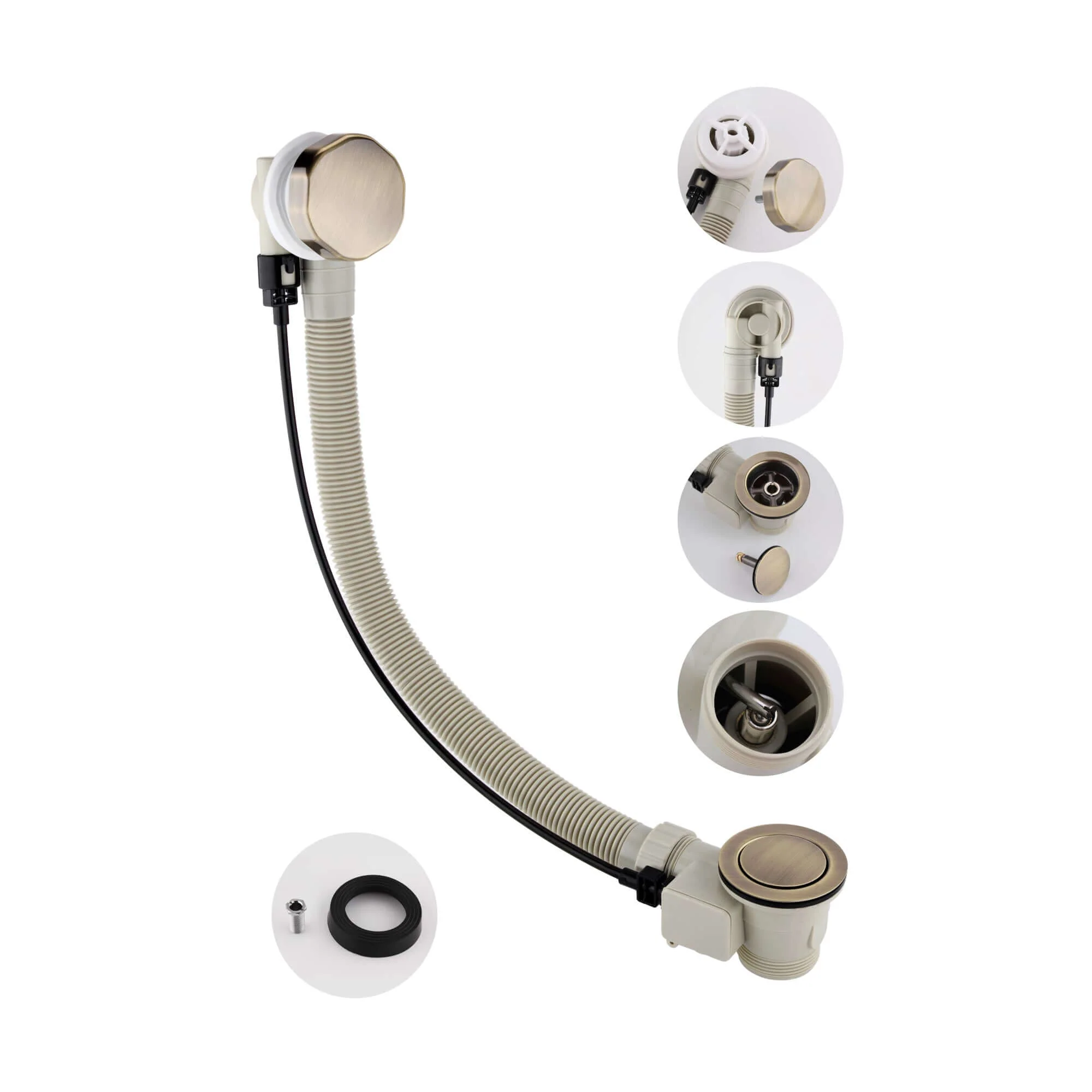 Bath pop up waste with overflow suitable for 5-25mm bath thickness - antique brass - Image 3