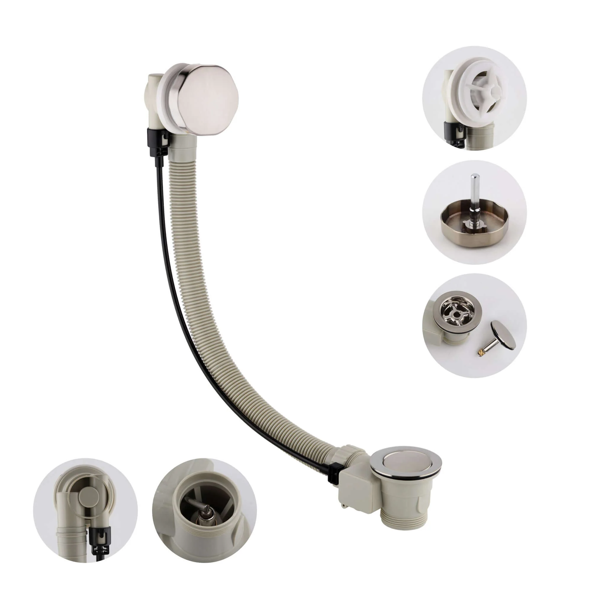Bath pop up waste with overflow suitable for 5-25mm bath thickness - brushed nickel - Image 2