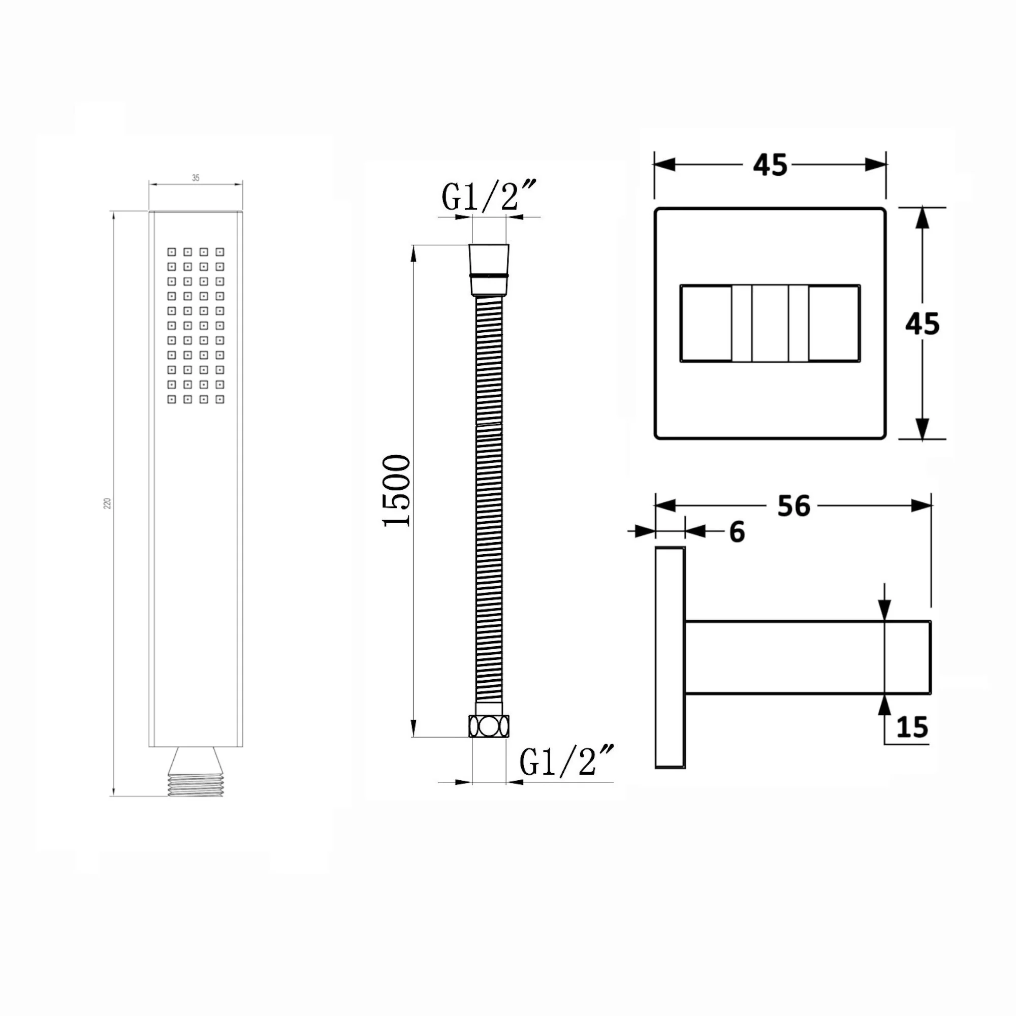 Luxury brass rectangular hand shower kit incl. hose and brass wall bracket - gunmetal grey - Image 3
