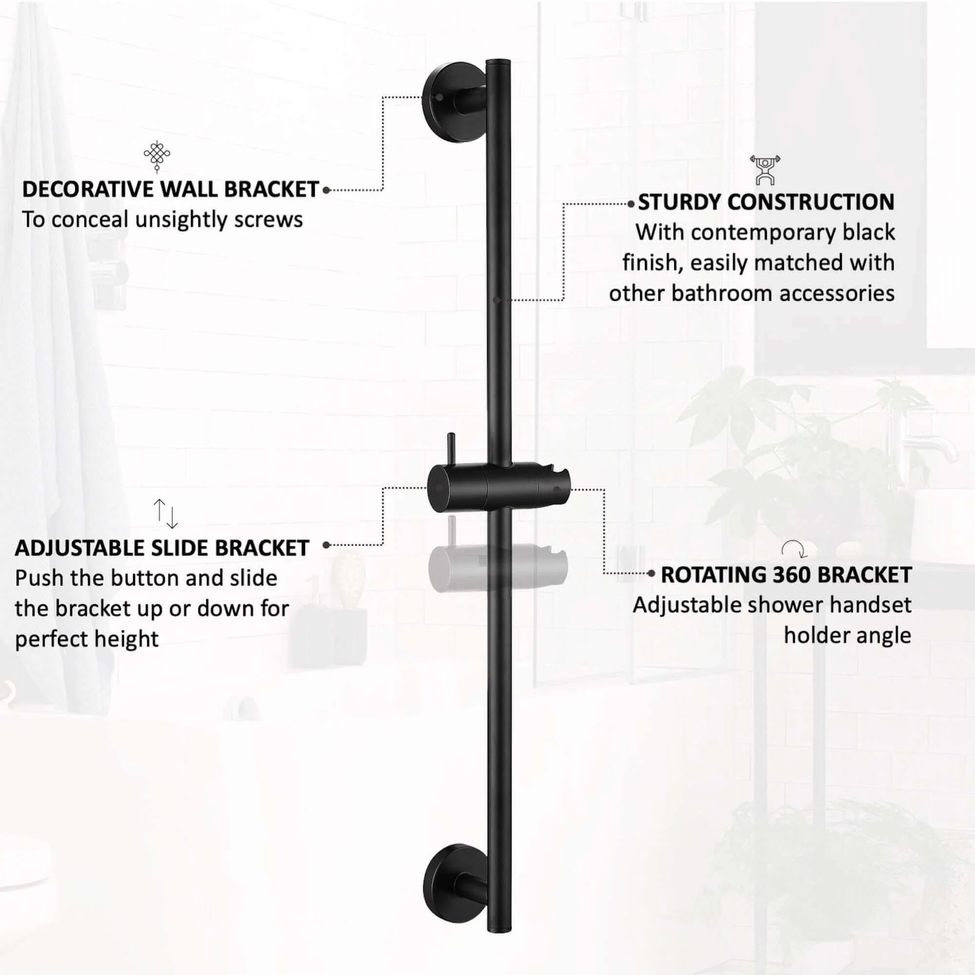 Modern shower slider rail with bracket - matt black - Image 5