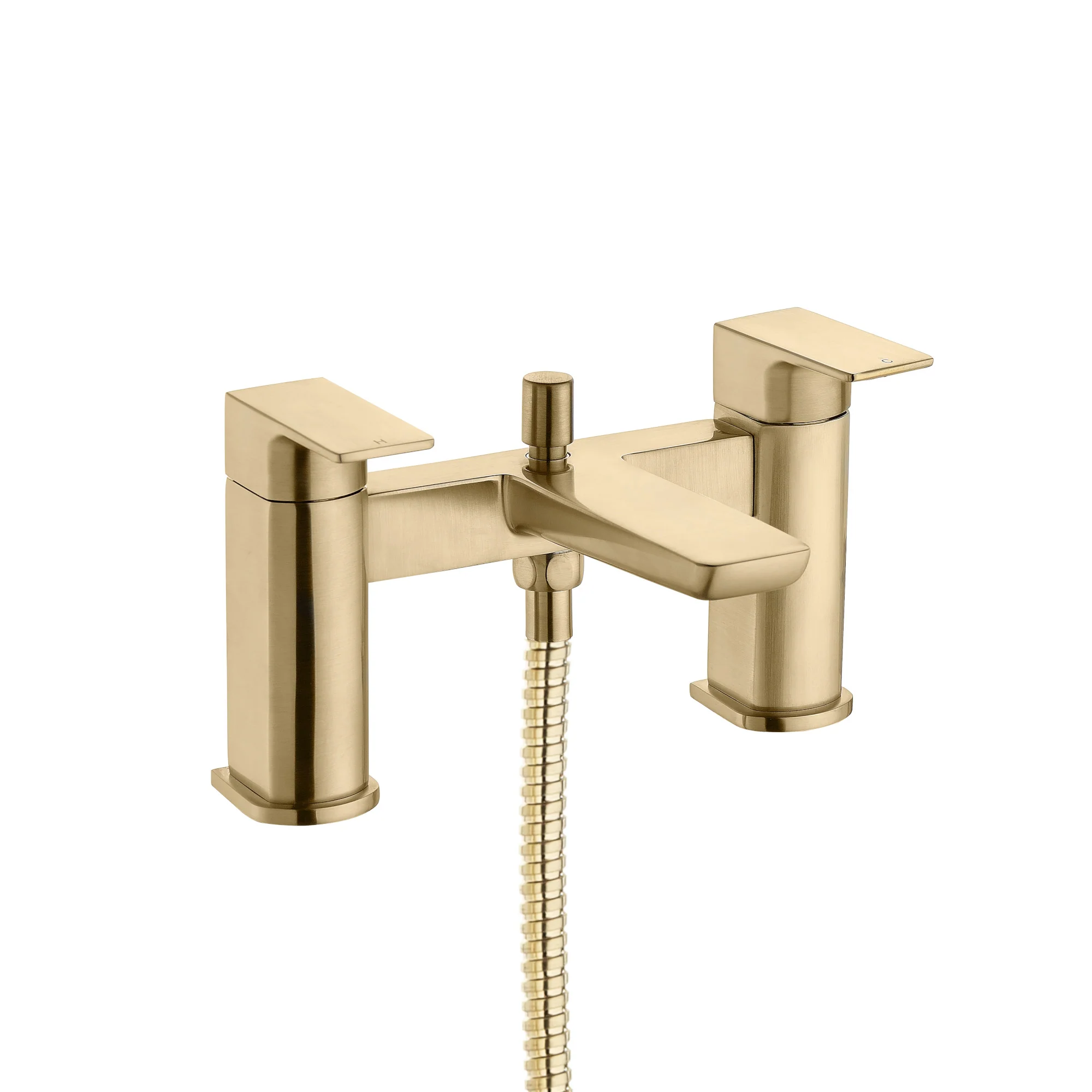 Mykonos contemporary bath shower mixer tap with dual rigid riser - brushed brass - Image 3