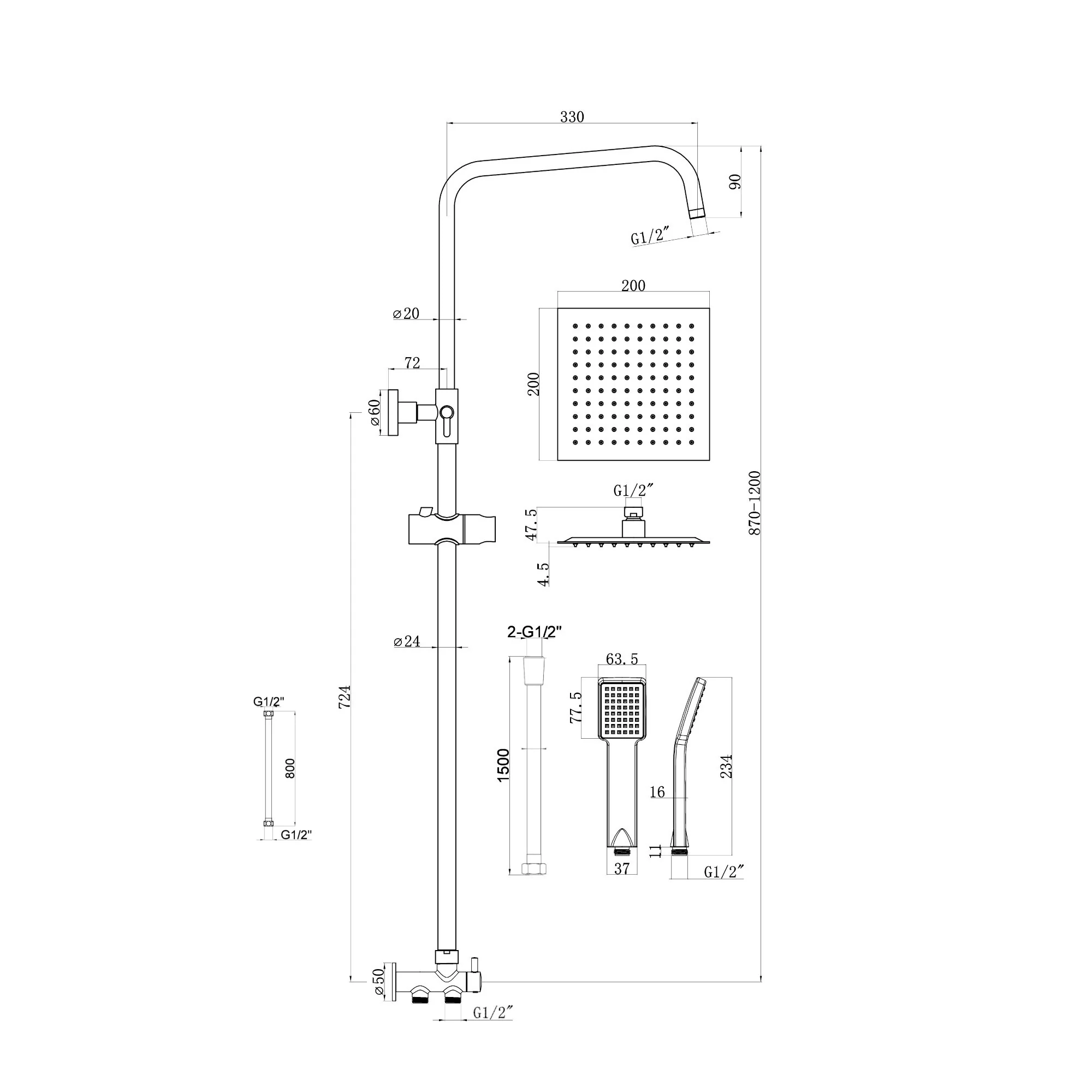 Mykonos contemporary bath shower mixer tap with dual rigid riser - matt black - Image 5