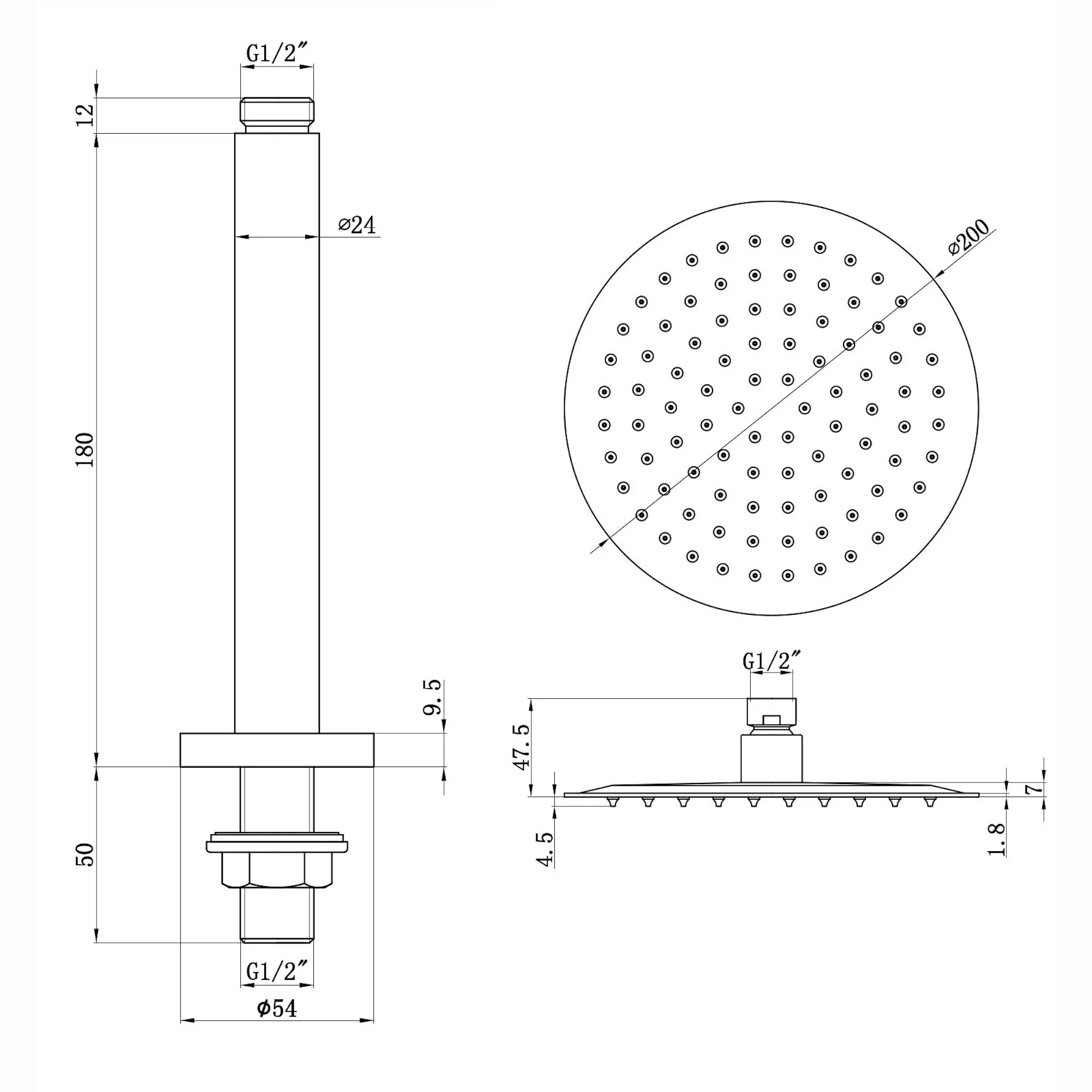Naples Contemporary Round Concealed Thermostatic Shower Set Ceiling Fixed 8" Shower Head - Matt Black (1 Outlet) - Image 7