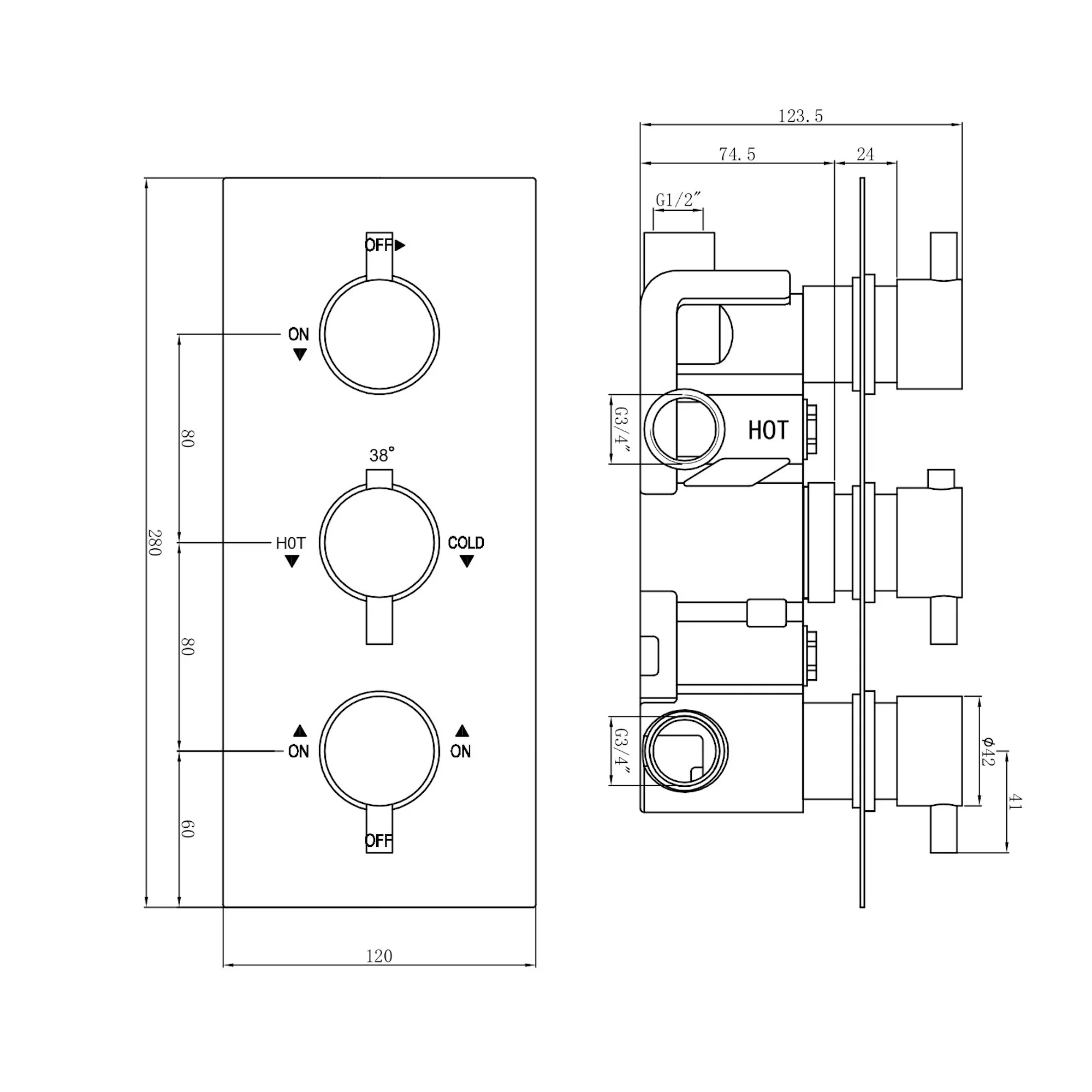 Naples Contemporary Round Concealed Thermostatic Shower Set Incl. Triple Diverter Valve, Wall Fixed 8" Shower Head, Handshower Kit, Bath Filler Waste with Overflow - Matt Black (3 Outlet) - Image 7