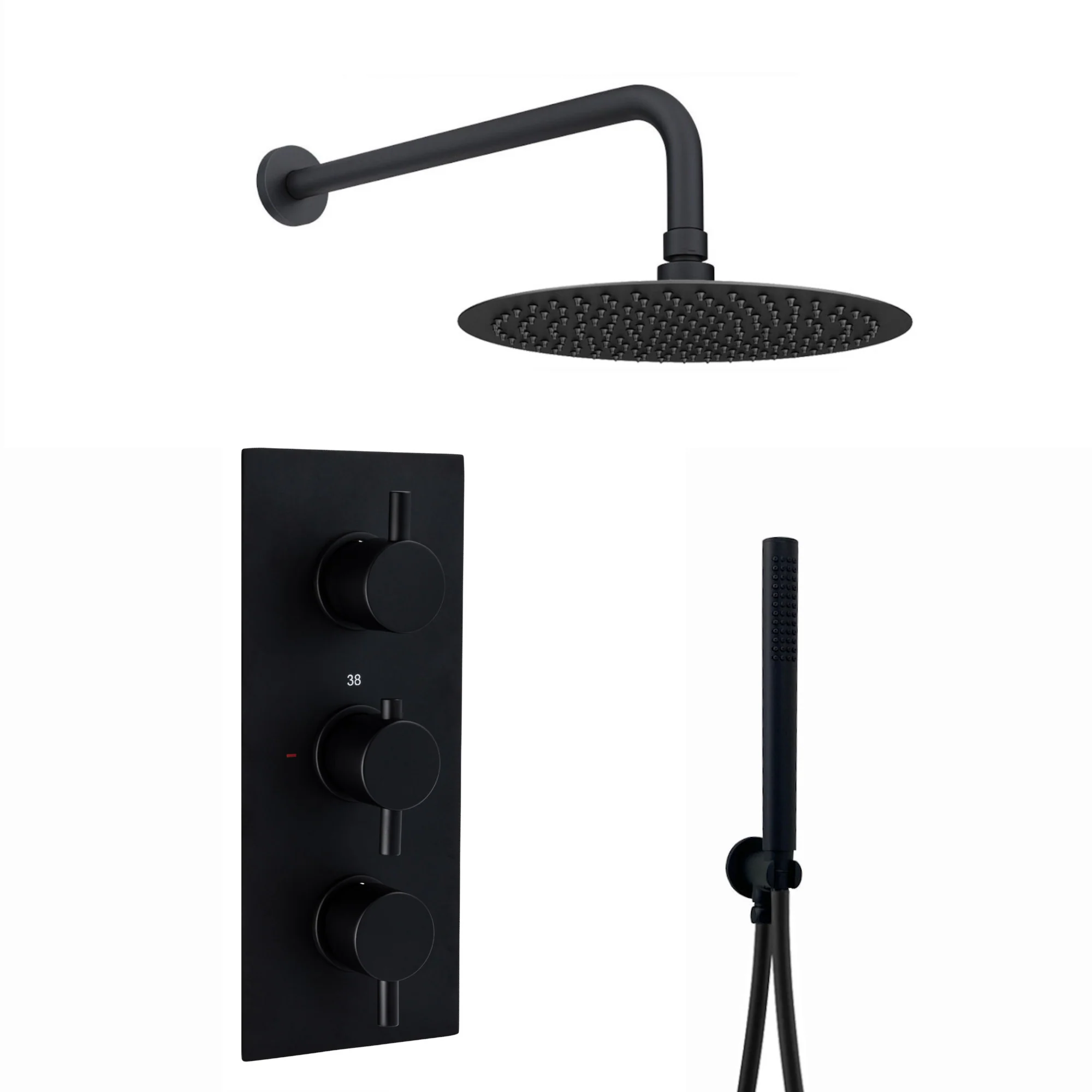 Naples Contemporary Round Concealed Thermostatic Shower Set Incl. Triple Valve, Wall Fixed 8" Shower Head, Handshower Kit - Matt Black (2 Outlet)