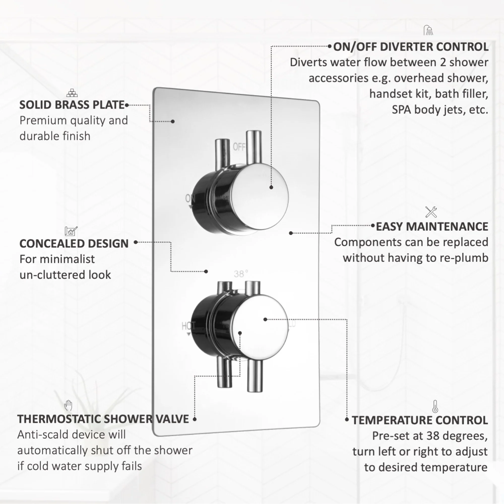 Naples Contemporary Round Concealed Thermostatic Shower Set Incl. Twin Valve, Ceiling Fixed 8" Shower Head, Slider Rail Kit - Chrome (2 Outlet) - Image 5
