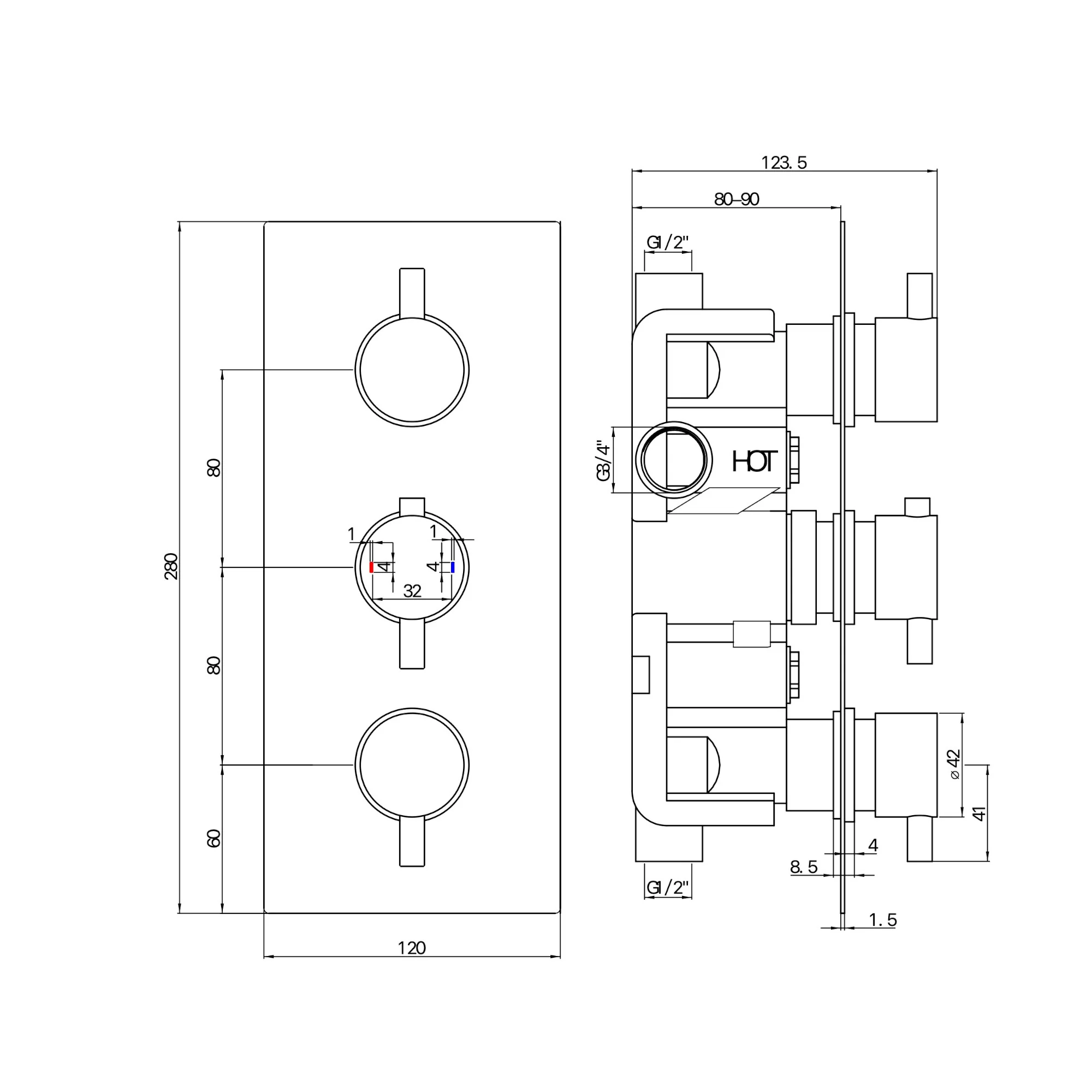 Naples contemporary round concealed thermostatic triple shower valve with 2 outlets - gunmetal grey - Image 2