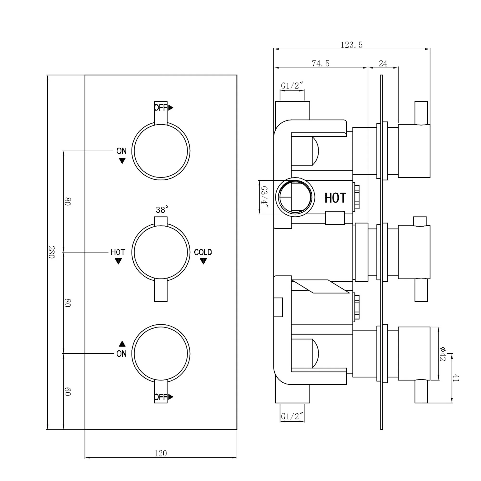 Naples contemporary round concealed thermostatic triple shower valve with 2 outlets - matt black - Image 4