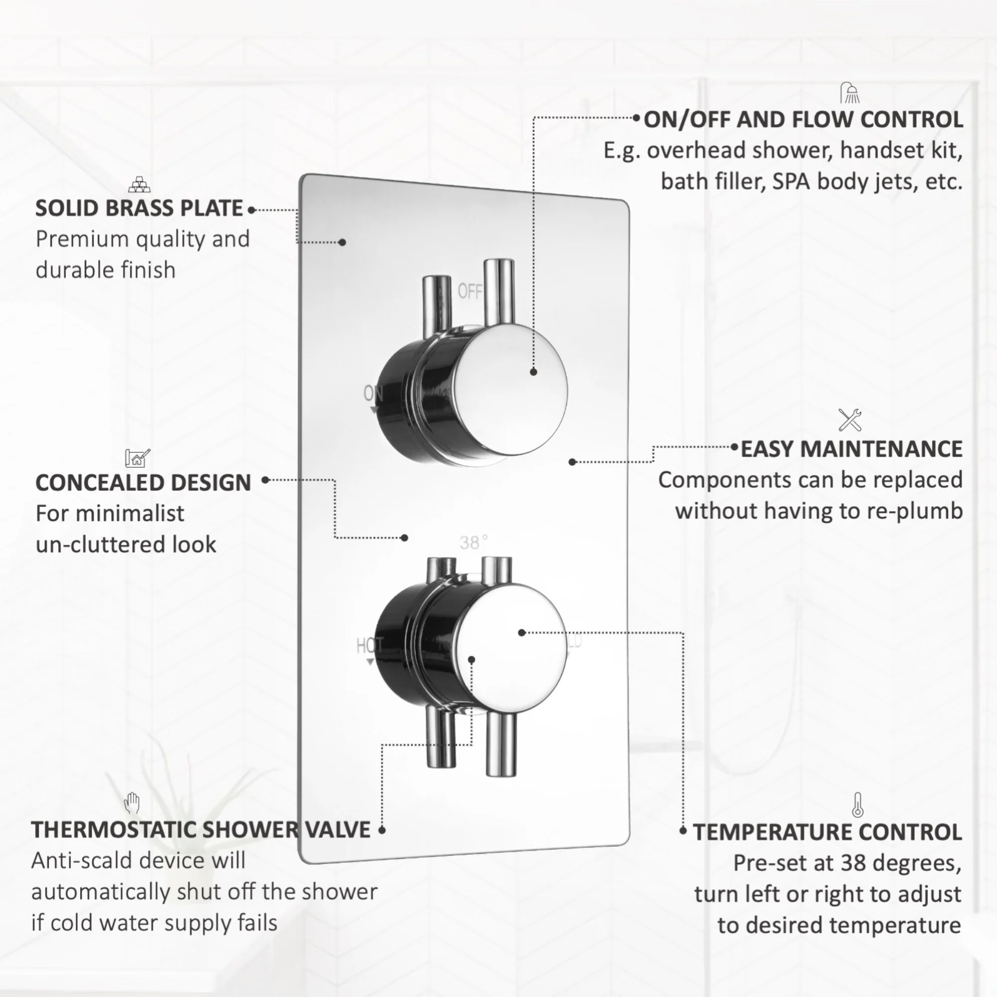 Naples contemporary round concealed thermostatic twin shower valve with 1 outlet - chrome - Image 6