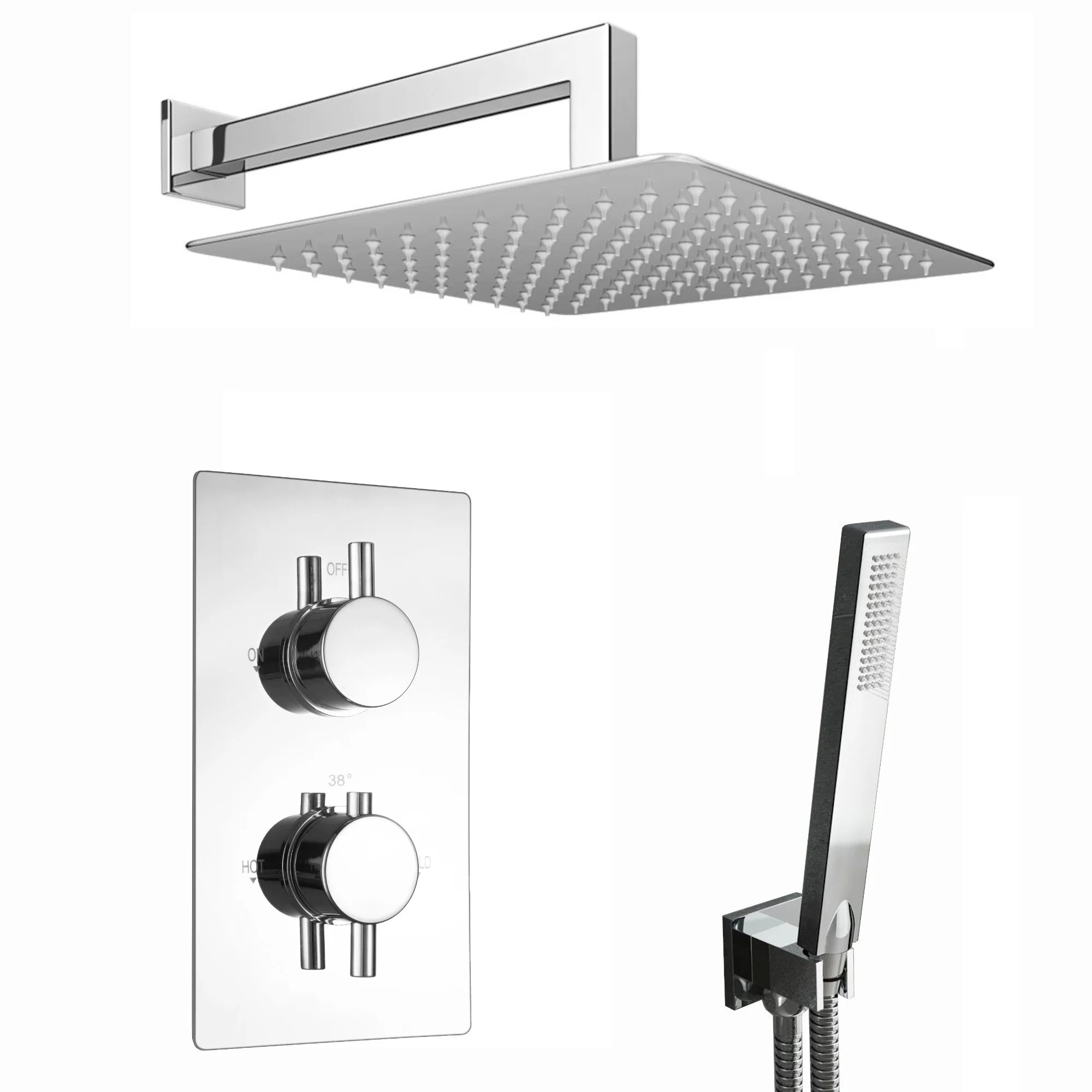 Naples Square Concealed Thermostatic Shower Set Incl. Twin Valve, Wall Fixed 8" Shower Head, Handset Kit - Chrome (2 Outlet)