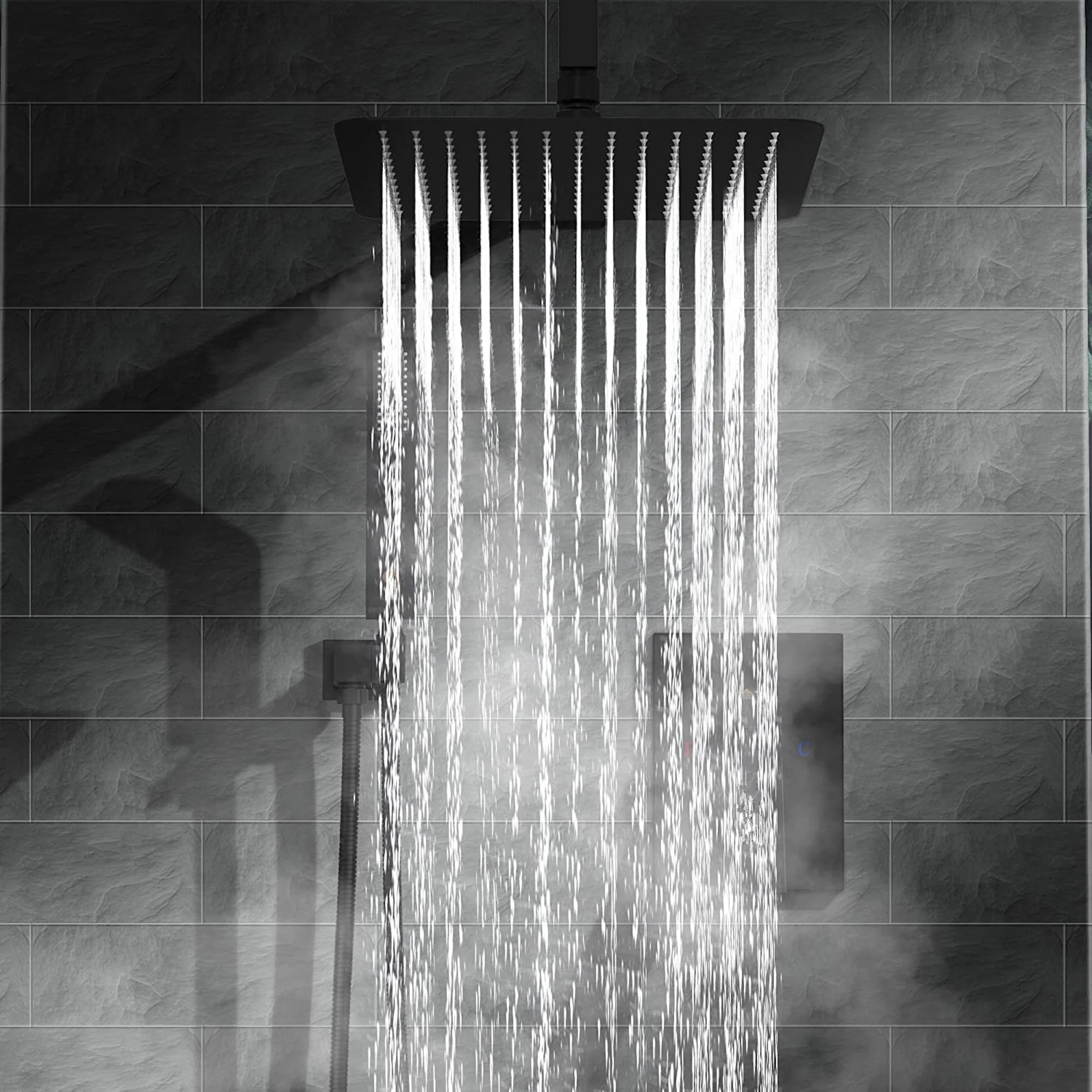 Naples Square Concealed Thermostatic Shower Set Incl. Twin Valve, Wall Fixed 8" Shower Head, Handset Kit - Matt Black (2 Outlet) - Image 2