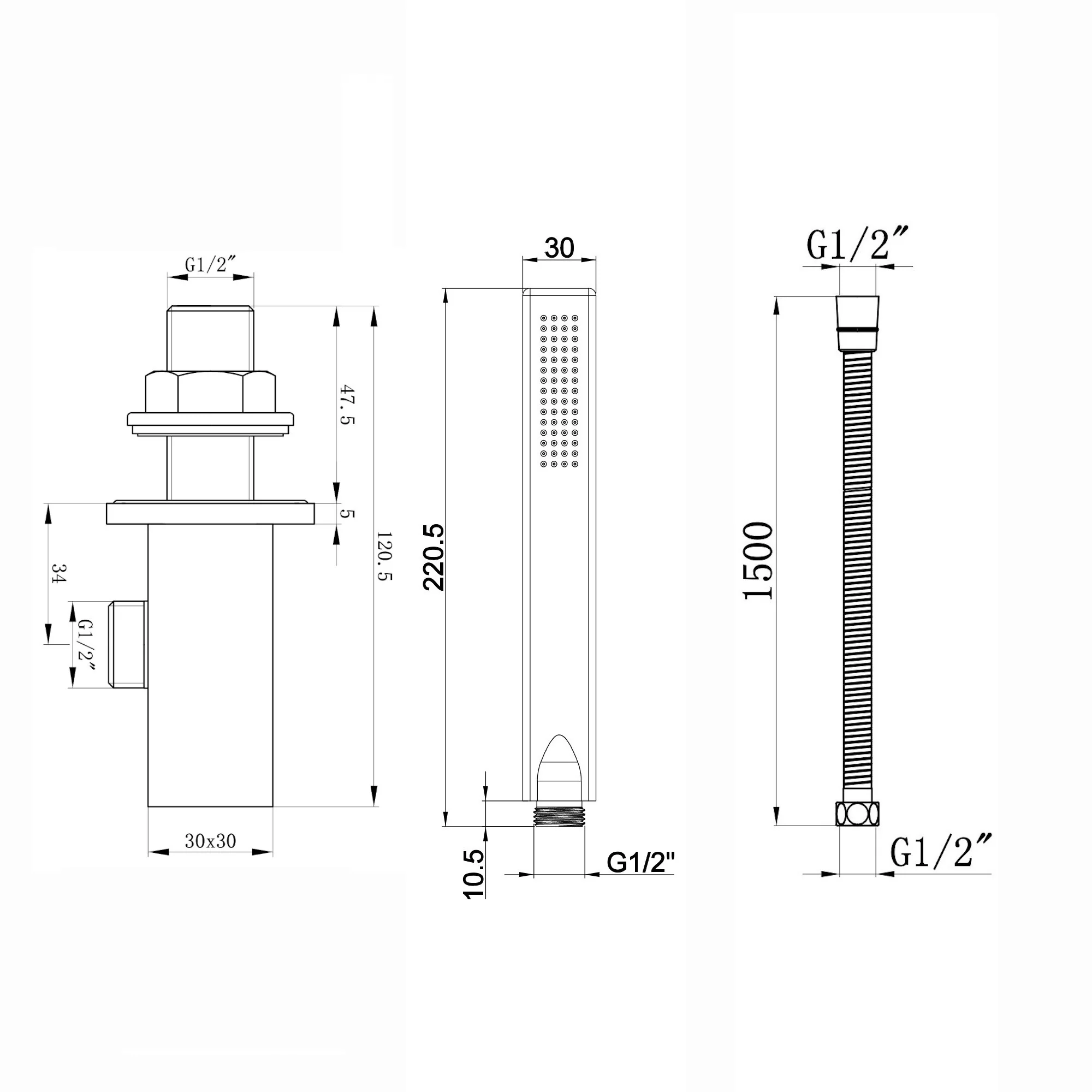 Naples Square Concealed Thermostatic Shower Set Incl. Twin Valve, Wall Fixed 8" Shower Head, Handset Kit - Matt Black (2 Outlet) - Image 8