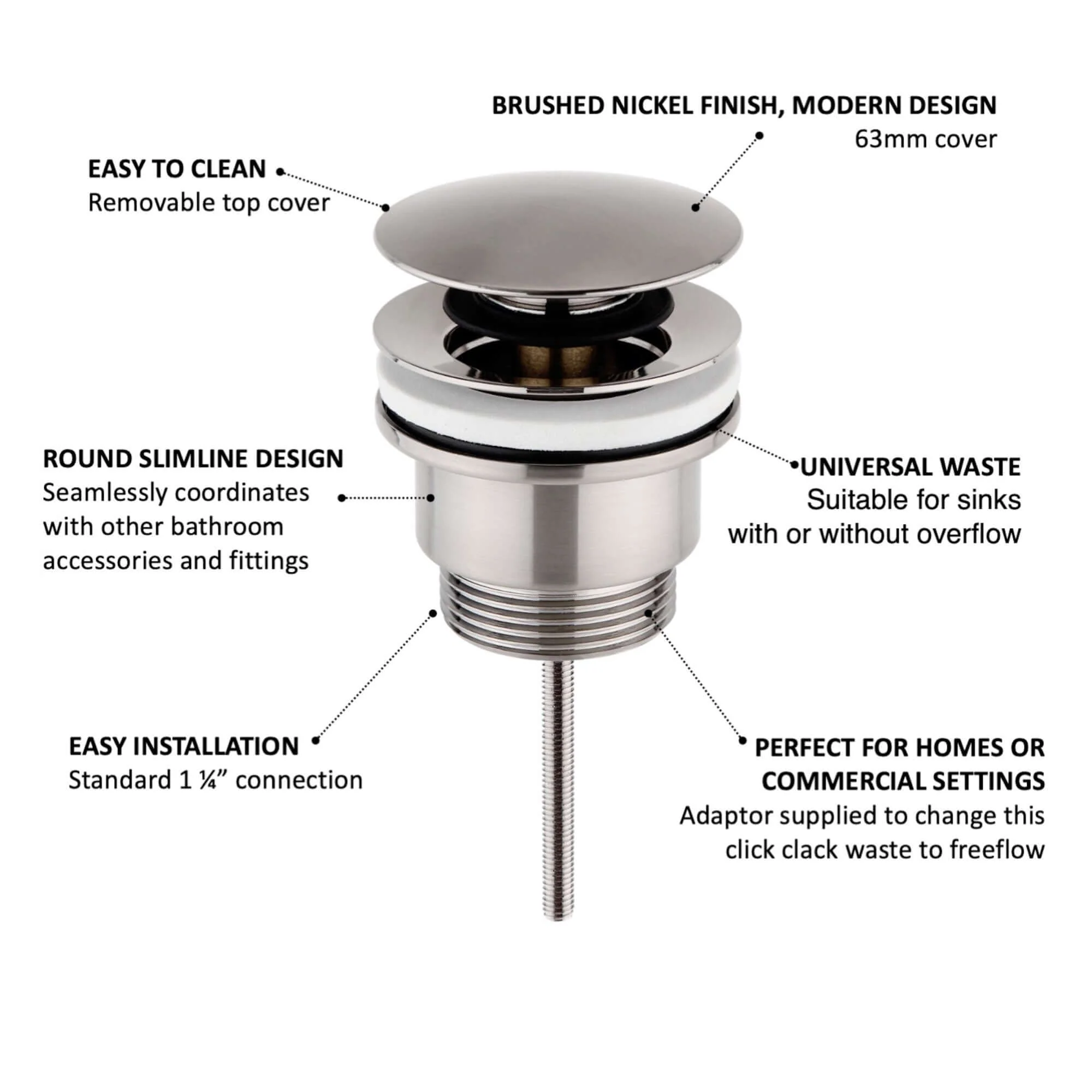 Universal click clack or freeflow basin waste for sinks with or without overflow - brushed nickel - Image 3