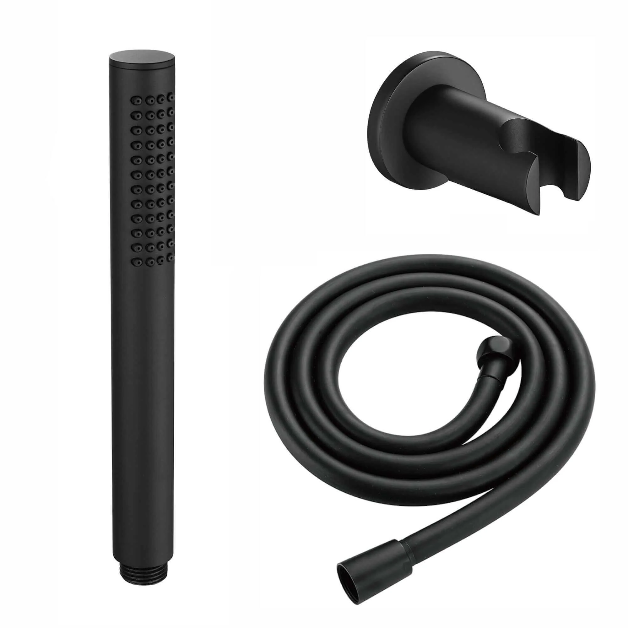 Premium Round Pencil Hand Shower With Silicone Jets Kit Incl. Hose And Luxury Brass Wall Bracket - Matt Black