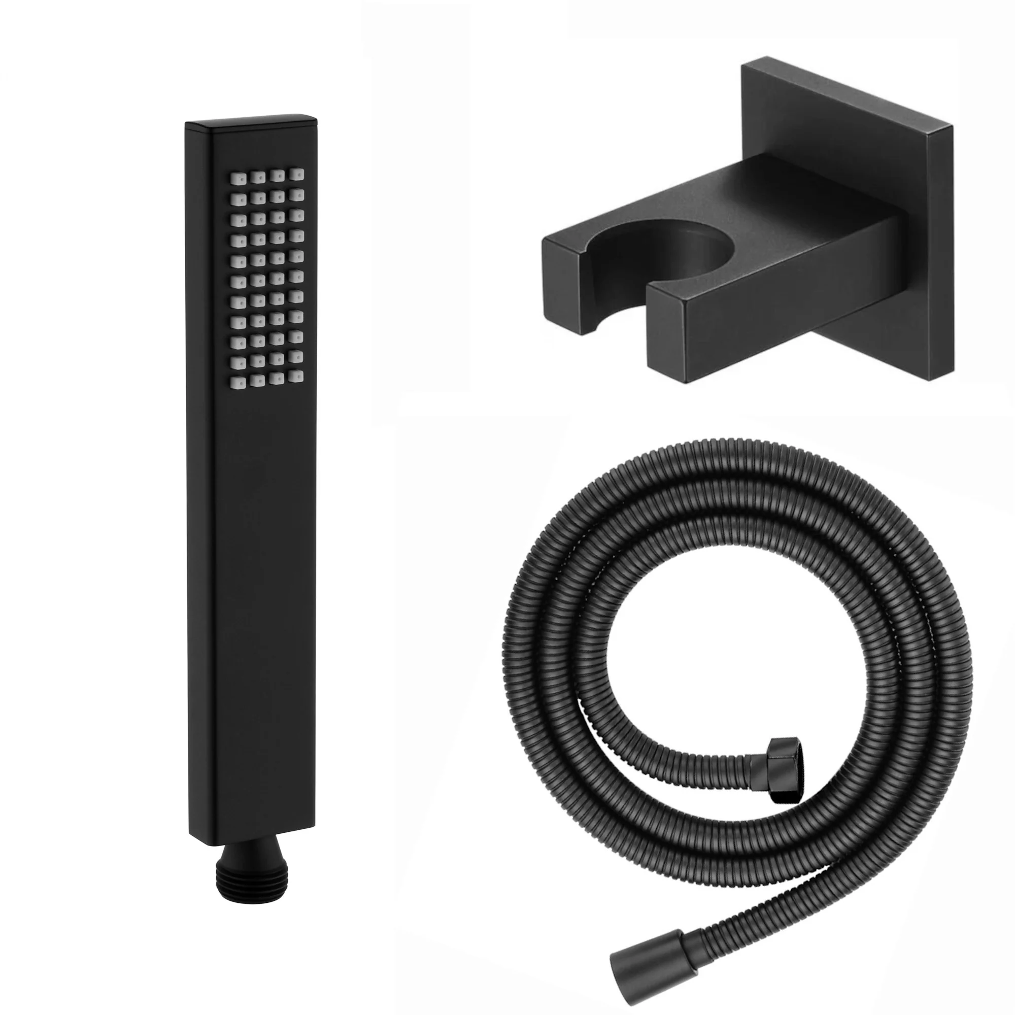 Luxury brass rectangular hand shower kit incl. hose and brass wall bracket - black