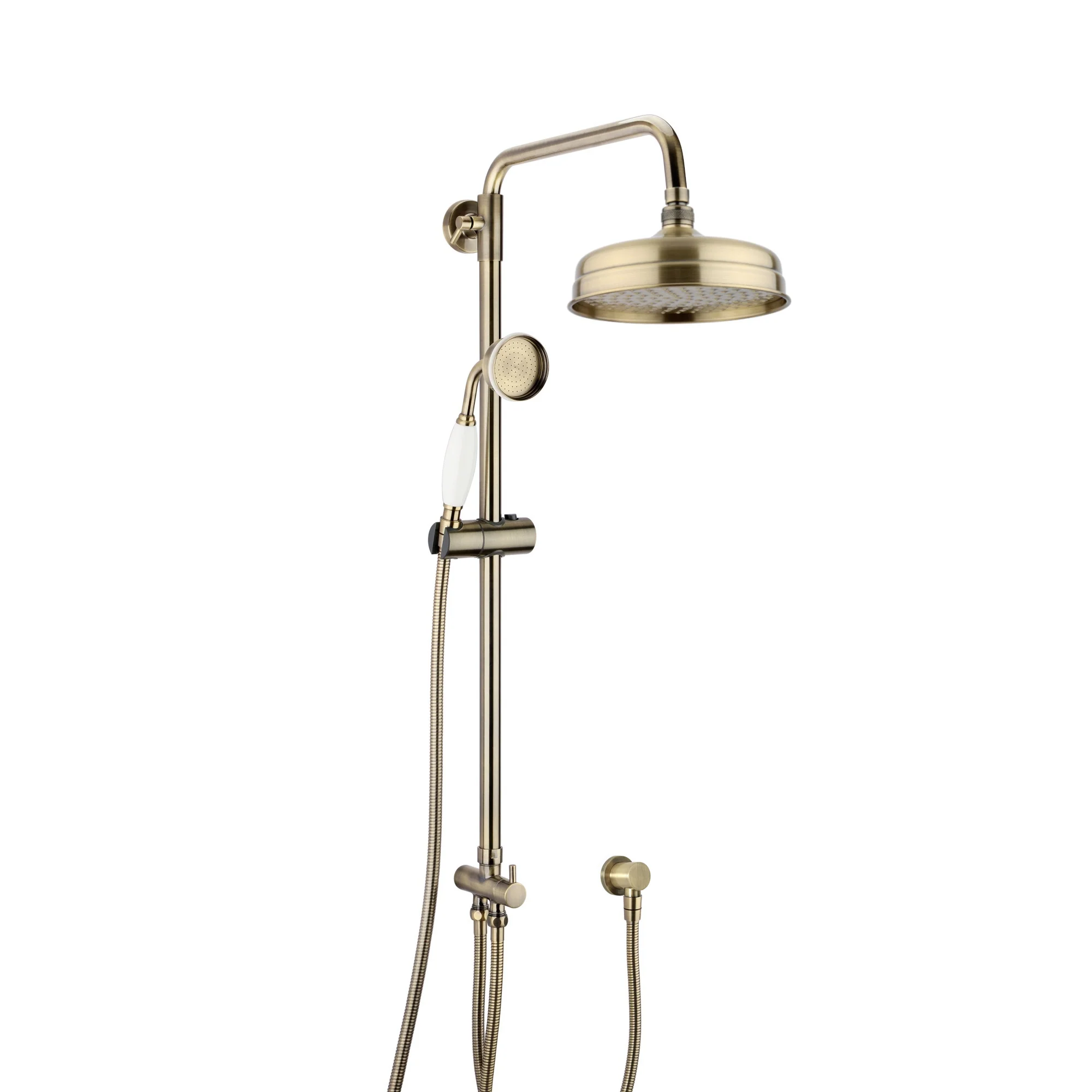Regent thermostatic concealed shower mixer valve with dual rigid riser kit, 200mm round overhead rain shower and handheld - antique brass - Image 3