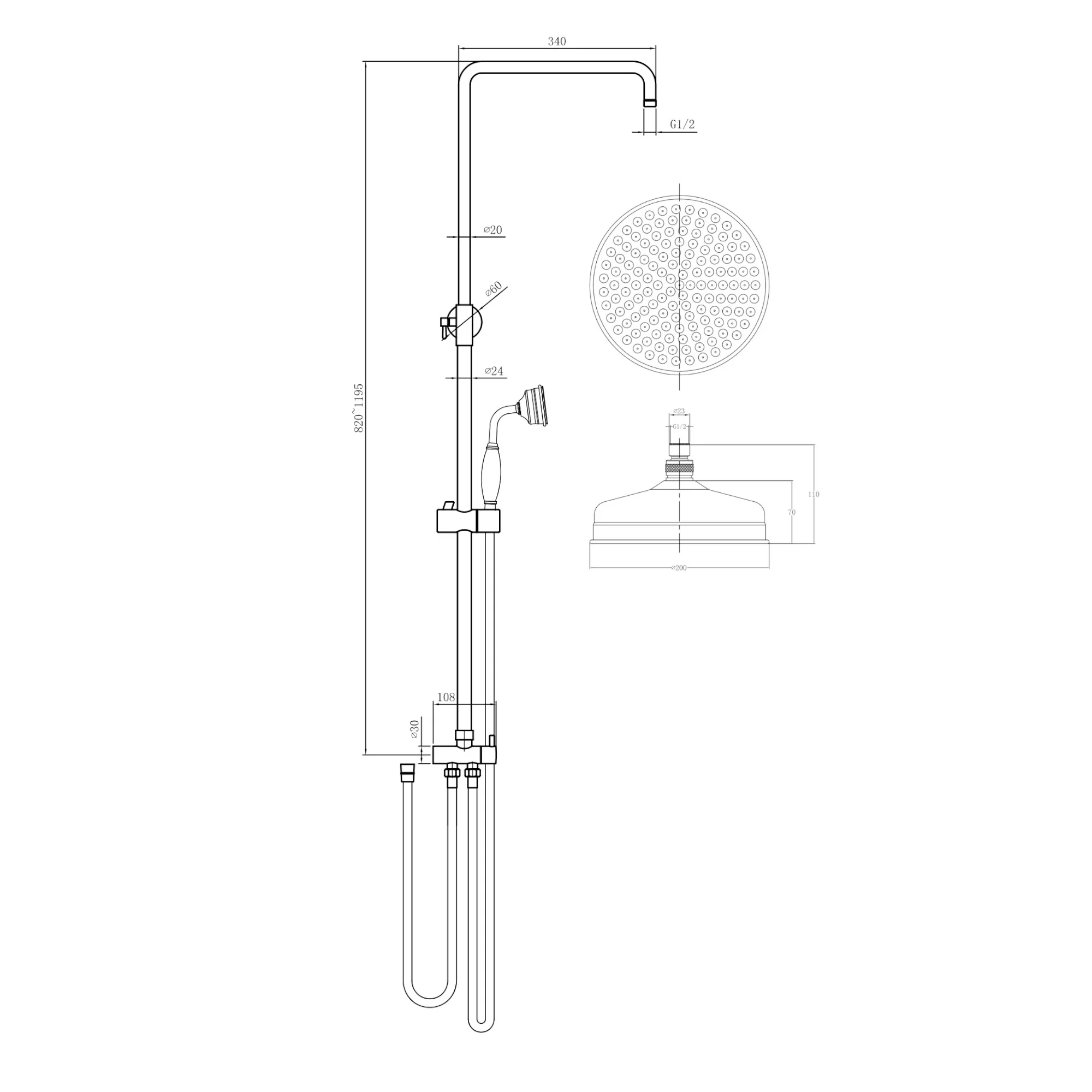 Regent thermostatic concealed shower mixer valve with dual rigid riser kit, 200mm round overhead rain shower and handheld - antique brass - Image 5
