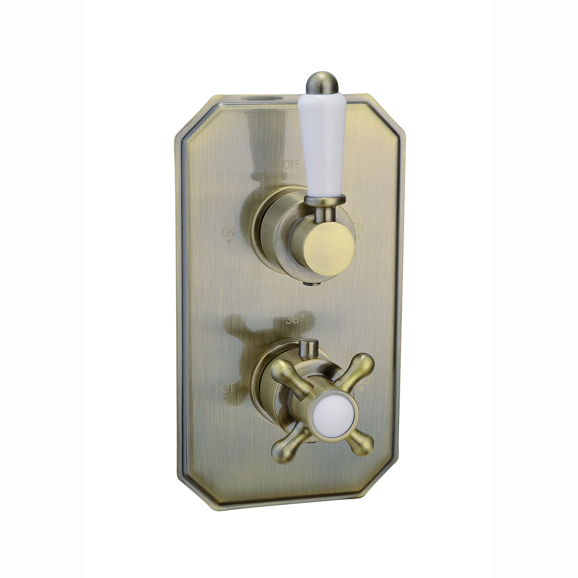Regent thermostatic concealed shower mixer valve with dual rigid riser kit and bath filler waste & overflow - antique brass - Image 2