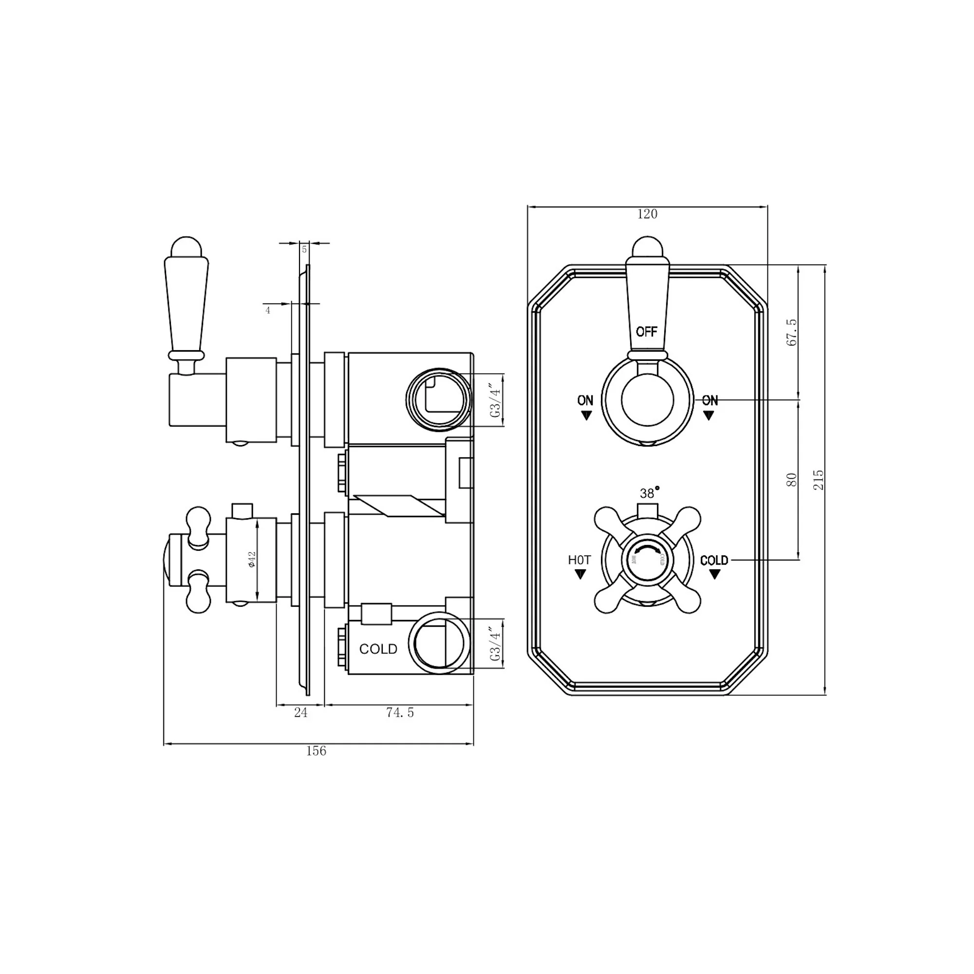 Regent thermostatic concealed shower mixer valve with dual rigid riser kit and bath filler waste & overflow - antique brass - Image 5