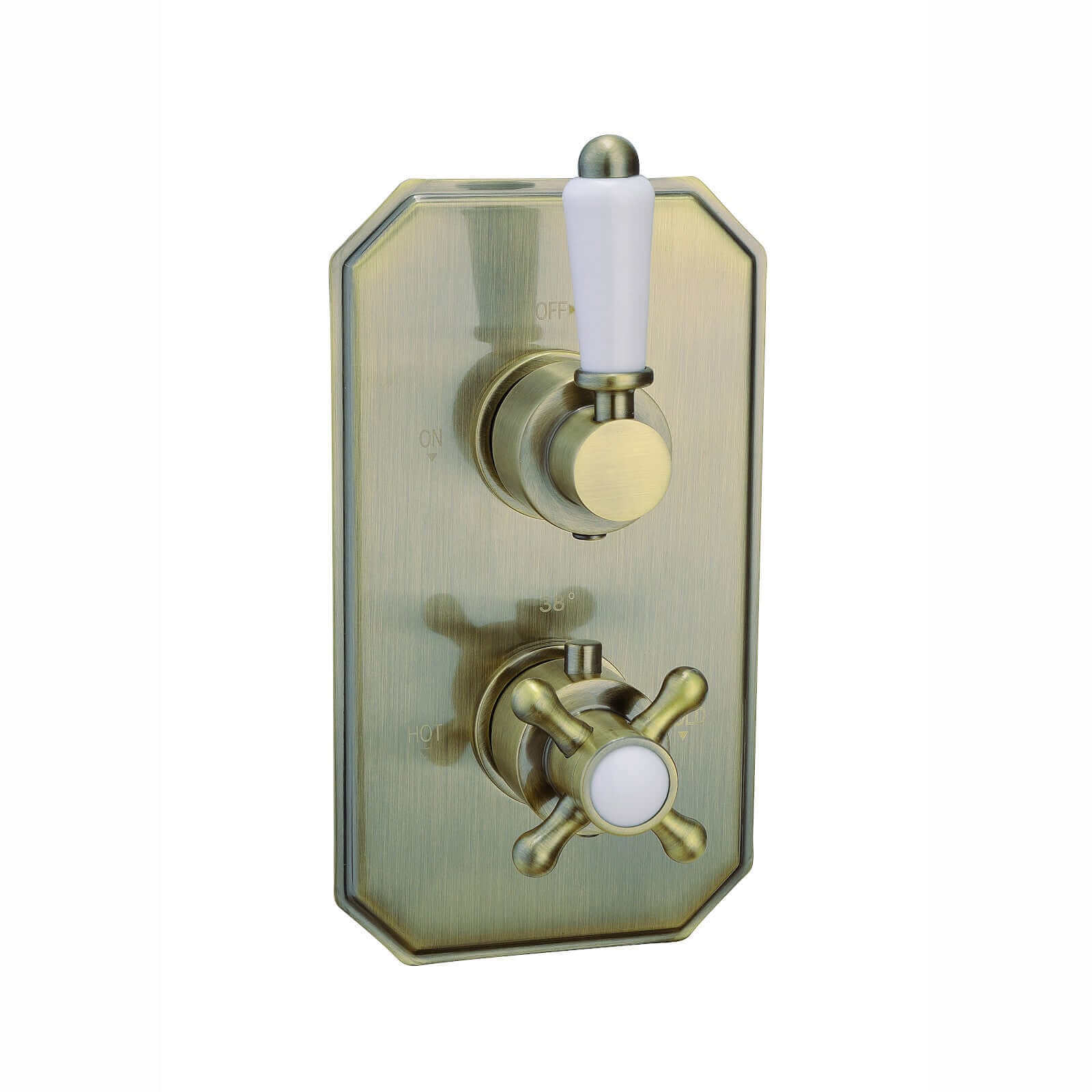 Regent Traditional Crosshead And White Lever Concealed Thermostatic Shower Set Ceiling Fixed 8" Shower Head - Antique Brass (1 Outlet) - Image 6