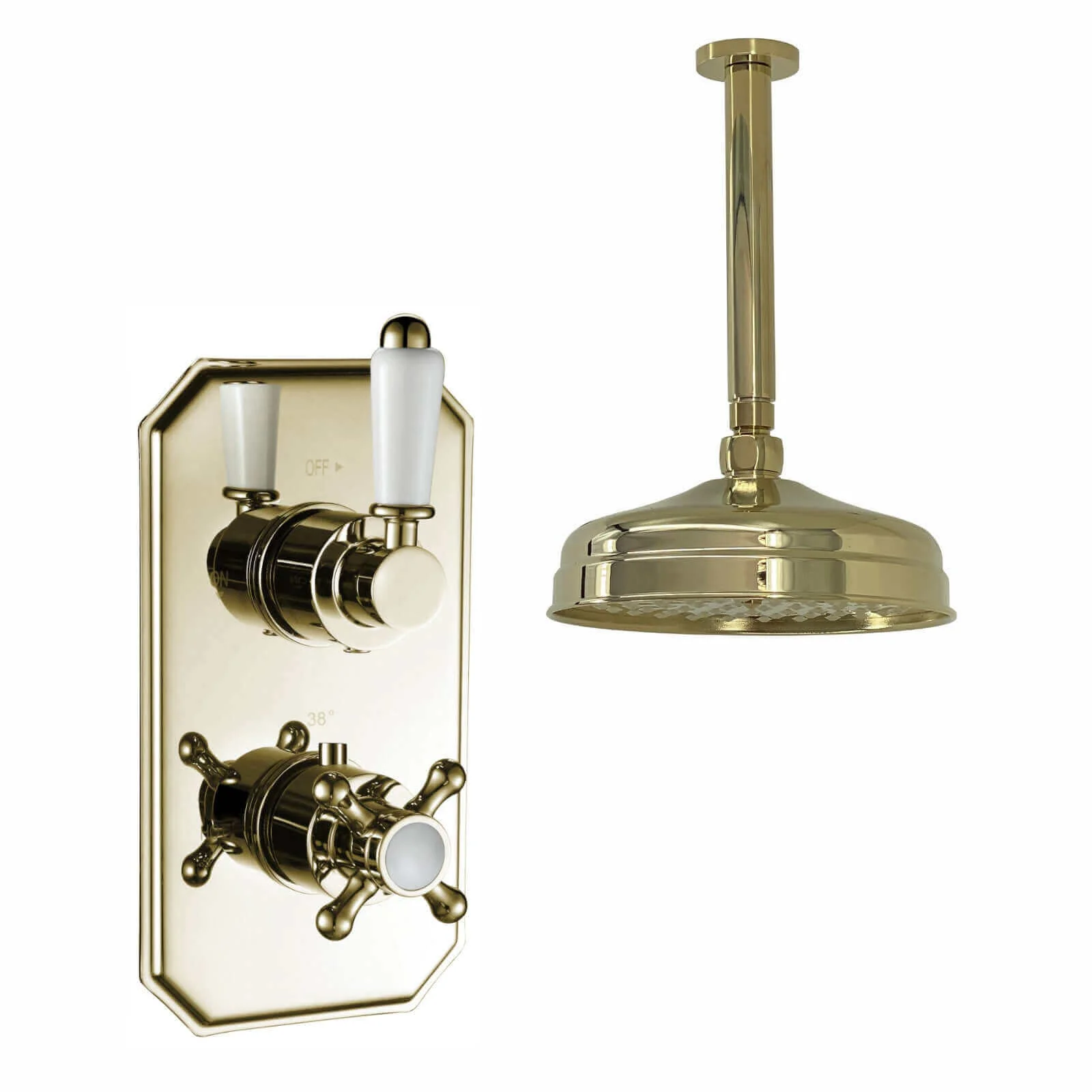 Regent Traditional Crosshead And White Lever Concealed Thermostatic Shower Set Ceiling Fixed 8" Shower Head - brass Gold (1 Outlet)