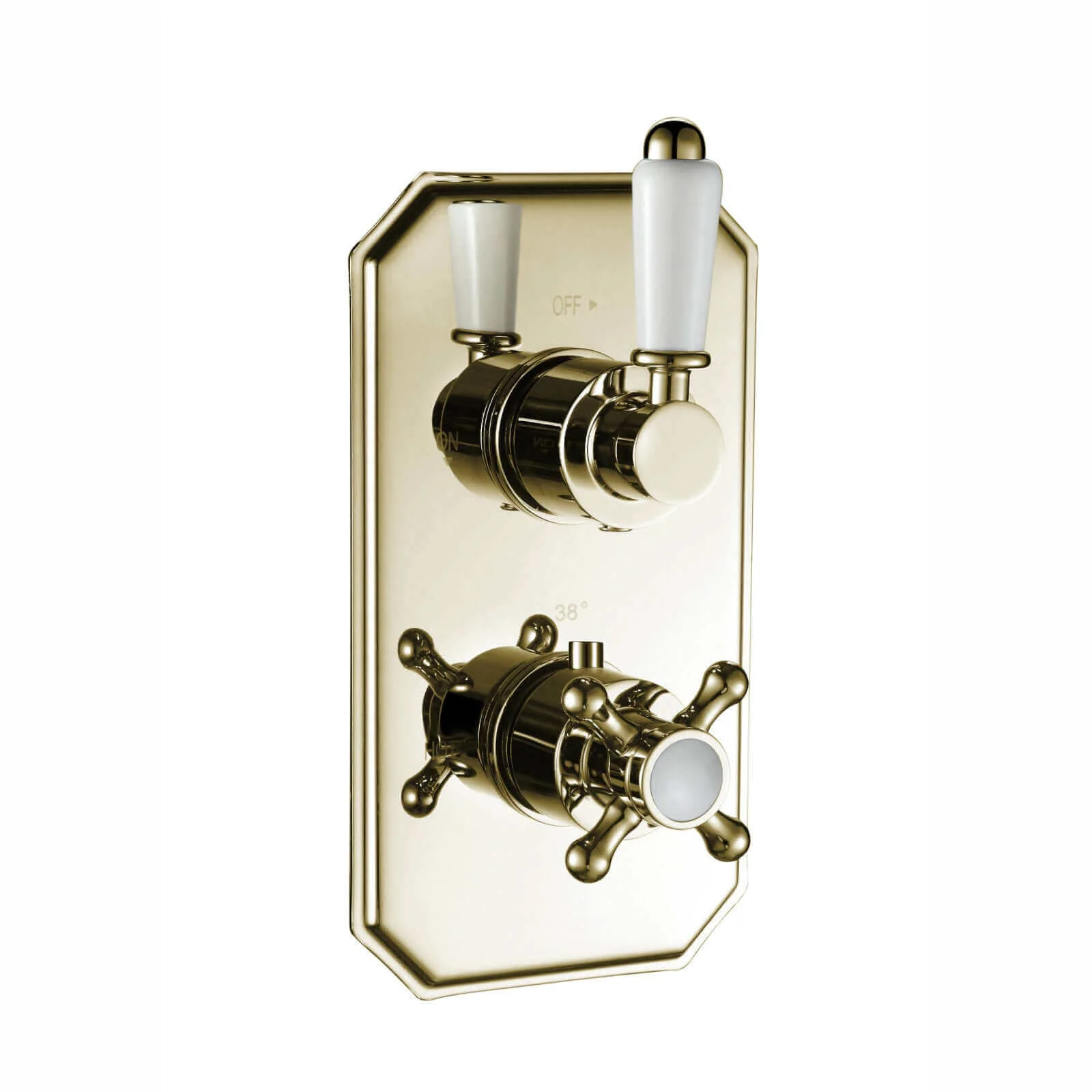 Regent Traditional Crosshead And White Lever Concealed Thermostatic Shower Set Ceiling Fixed 8" Shower Head - brass Gold (1 Outlet) - Image 6