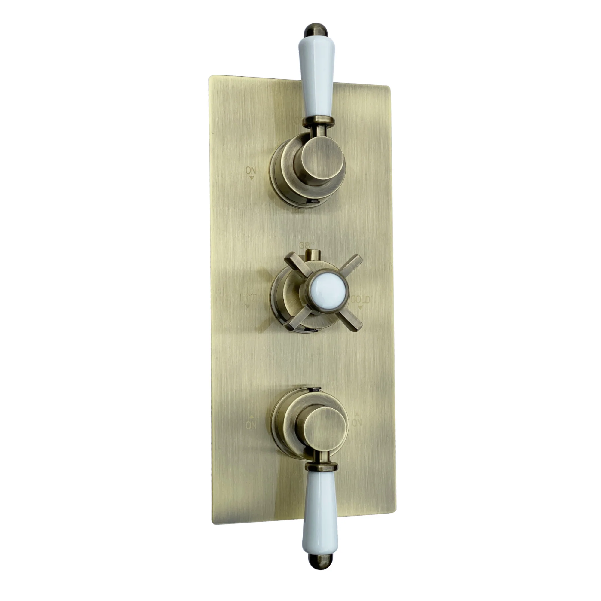 Regent Traditional Crosshead And White Lever Concealed Thermostatic Shower Set Incl. Triple Diverter Valve, Wall Fixed 8" Shower Head, Handshower Kit, Bath Filler Waste with Overflow - Antique Brass (3 Outlet) - Image 6