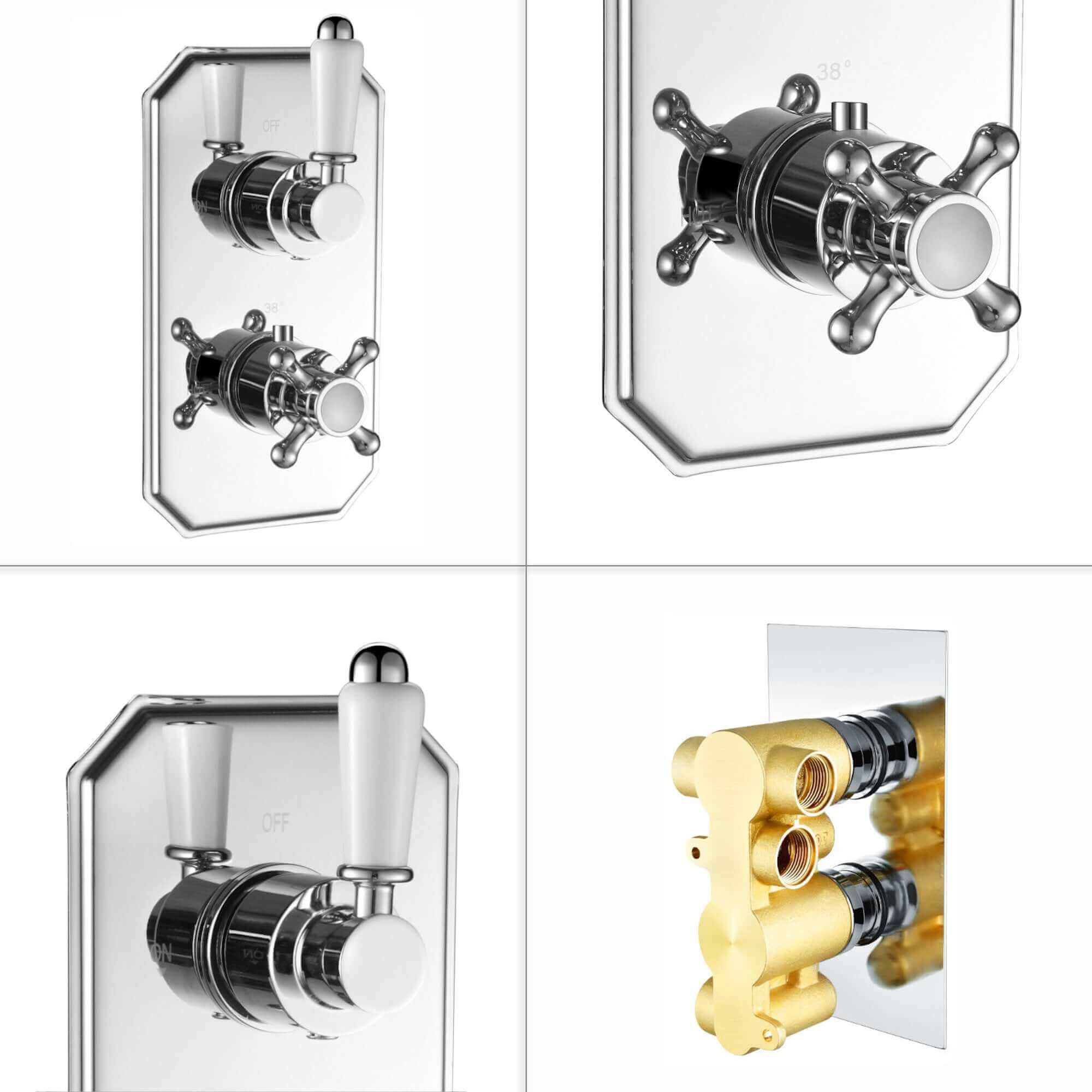 Regent Traditional Crosshead And White Lever Concealed Thermostatic Shower Set Incl. Twin Valve, Wall Fixed 8" Shower Head, Handshower Kit - Chrome (2 Outlet) - Image 7