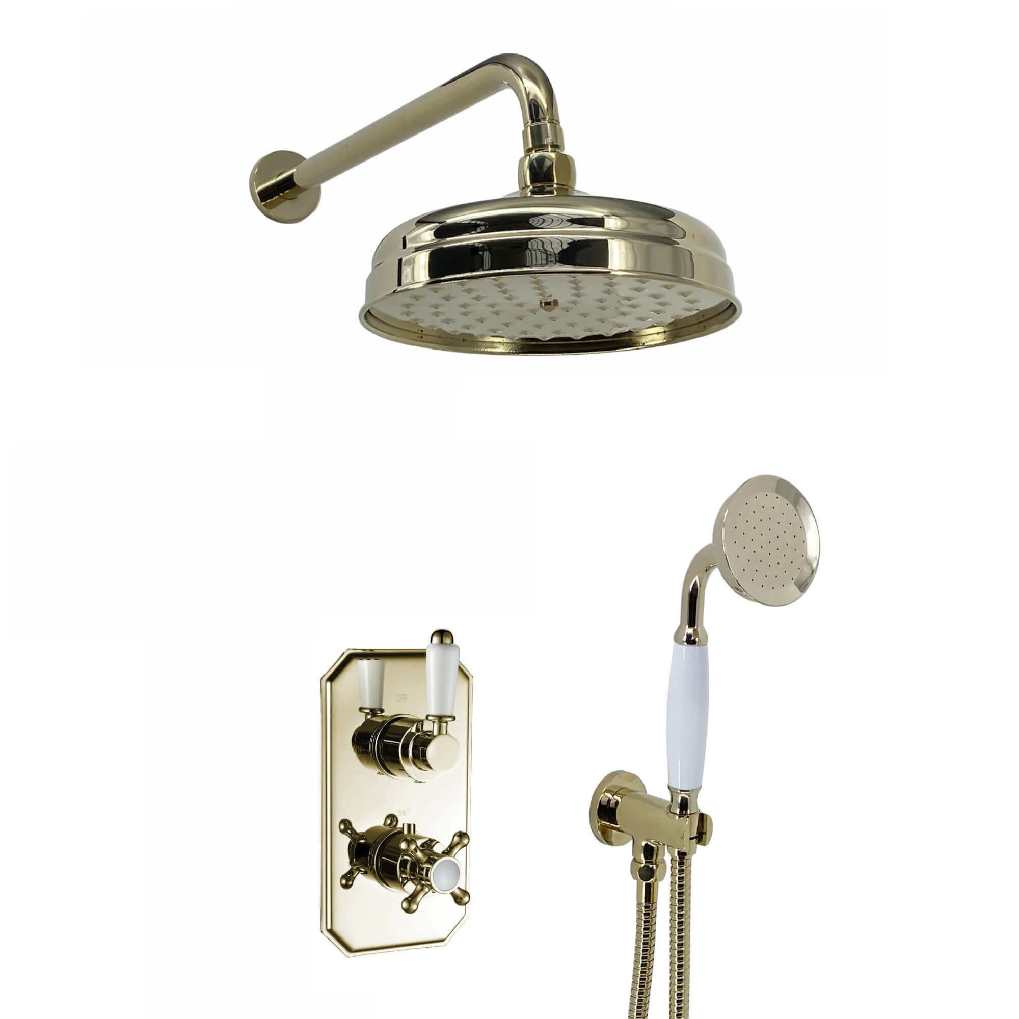 Regent Traditional Crosshead And White Lever Concealed Thermostatic Shower Set Incl. Twin Valve, Wall Fixed 8" Shower Head, Handshower Kit - Gold (2 Outlet)