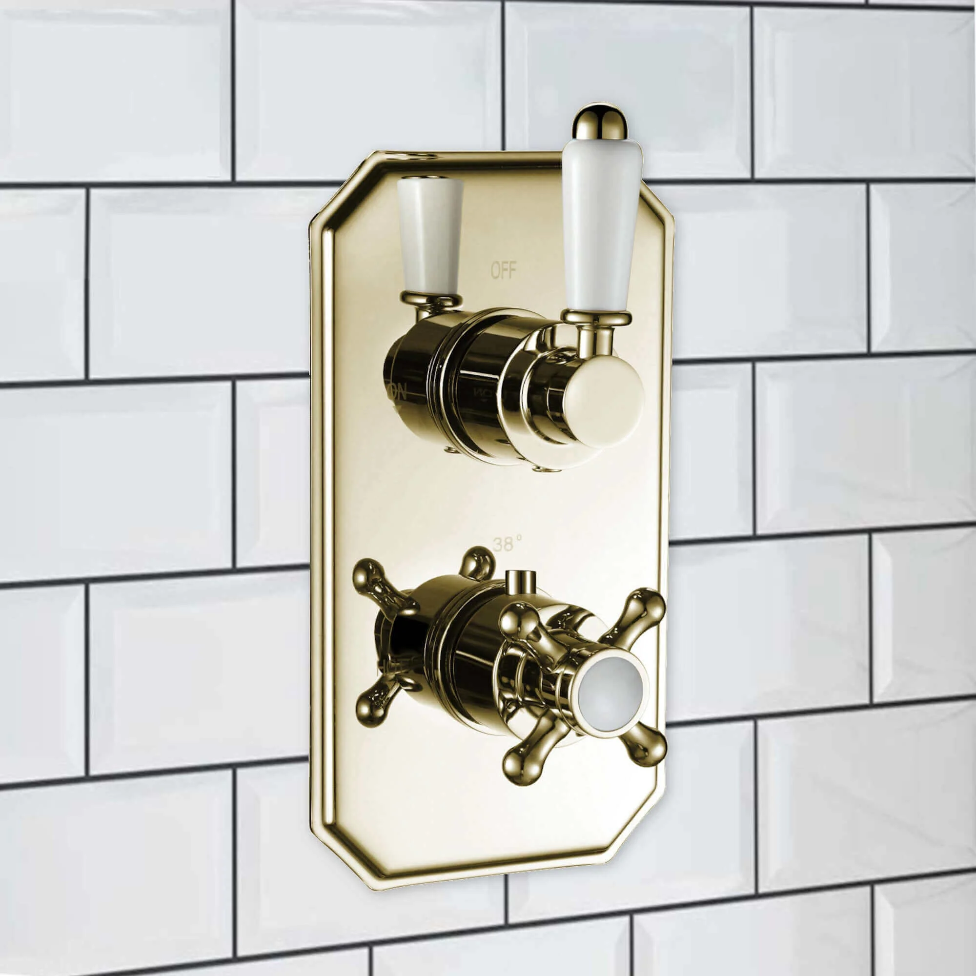 Regent Traditional Crosshead And White Lever Concealed Thermostatic Shower Set Incl. Twin Valve, Wall Fixed 8" Shower Head, Handshower Kit - Gold (2 Outlet) - Image 2