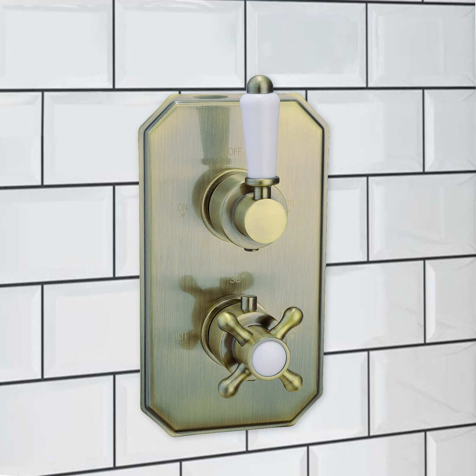 Regent Traditional Crosshead And White Lever Concealed Thermostatic Shower Set Incl. Twin Valve, Wall Fixed 8" Shower Head, Slider Rail Kit - Antique Brass (2 Outlet) - Image 2