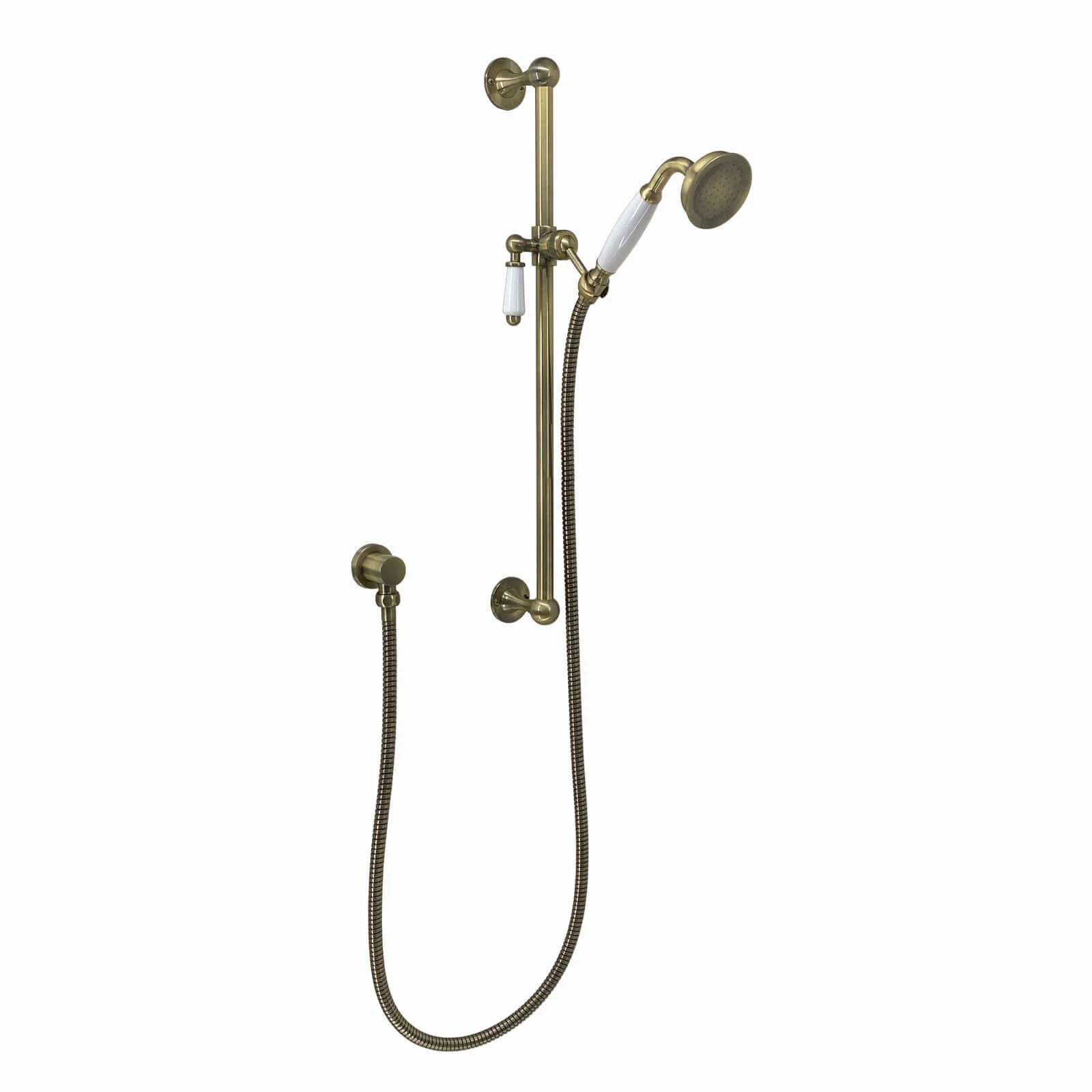 Regent Traditional Crosshead And White Lever Concealed Thermostatic Shower Set Incl. Twin Valve, Wall Fixed 8" Shower Head, Slider Rail Kit - Antique Brass (2 Outlet) - Image 4