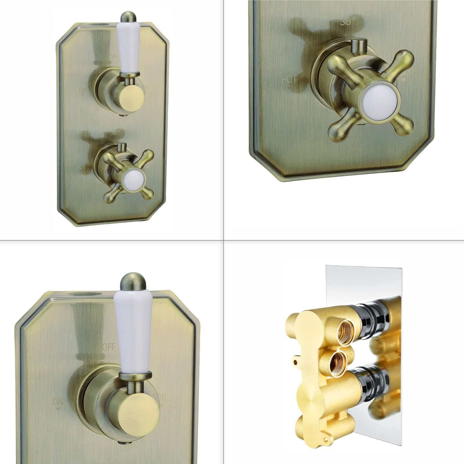 Regent Traditional Crosshead And White Lever Concealed Thermostatic Shower Set Incl. Twin Valve, Wall Fixed 8" Shower Head, Slider Rail Kit - Antique Brass (2 Outlet) - Image 7