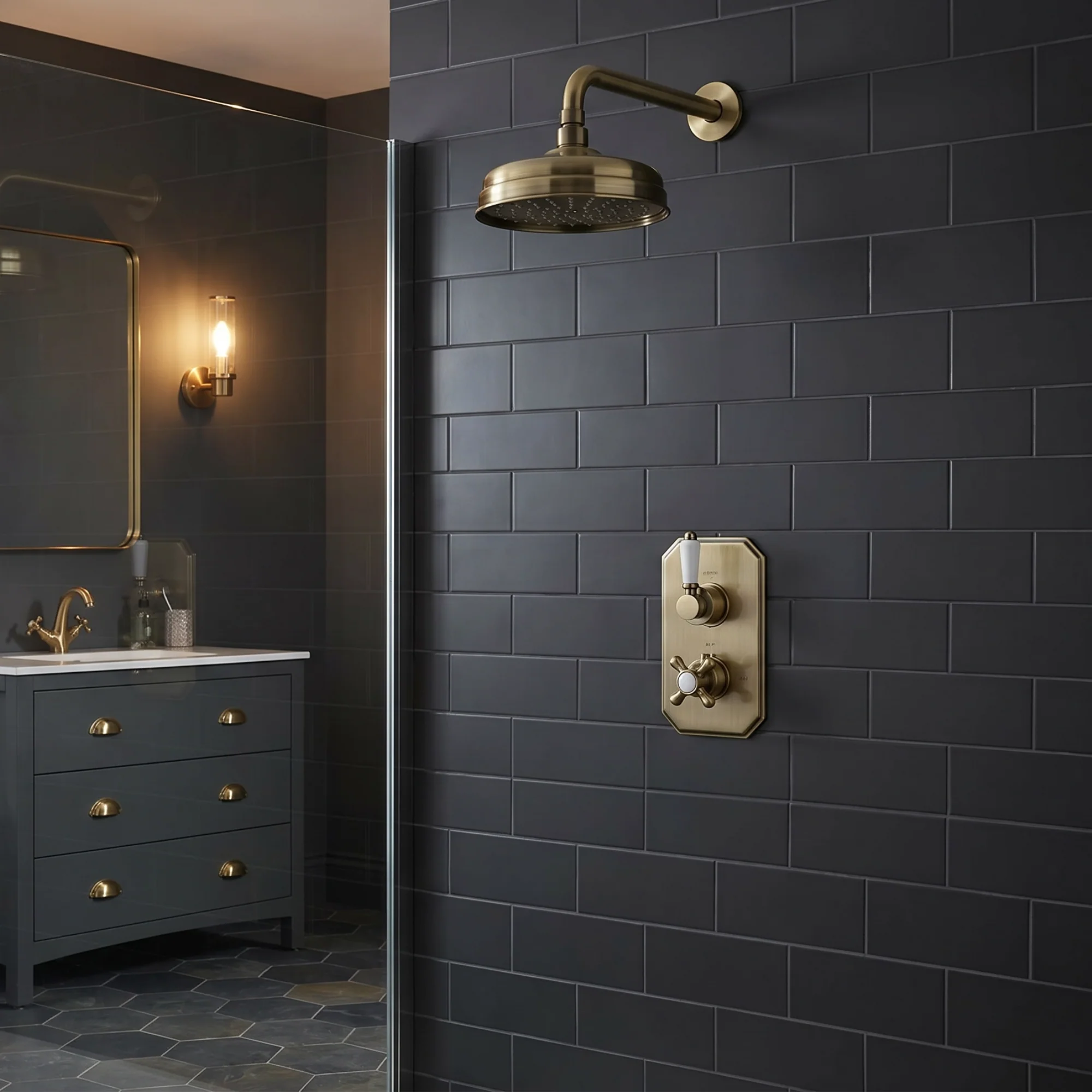 Regent Traditional Crosshead And White Lever Concealed Thermostatic Shower Set Wall Fixed 8" Shower Head - Antique Brass (1 Outlet)