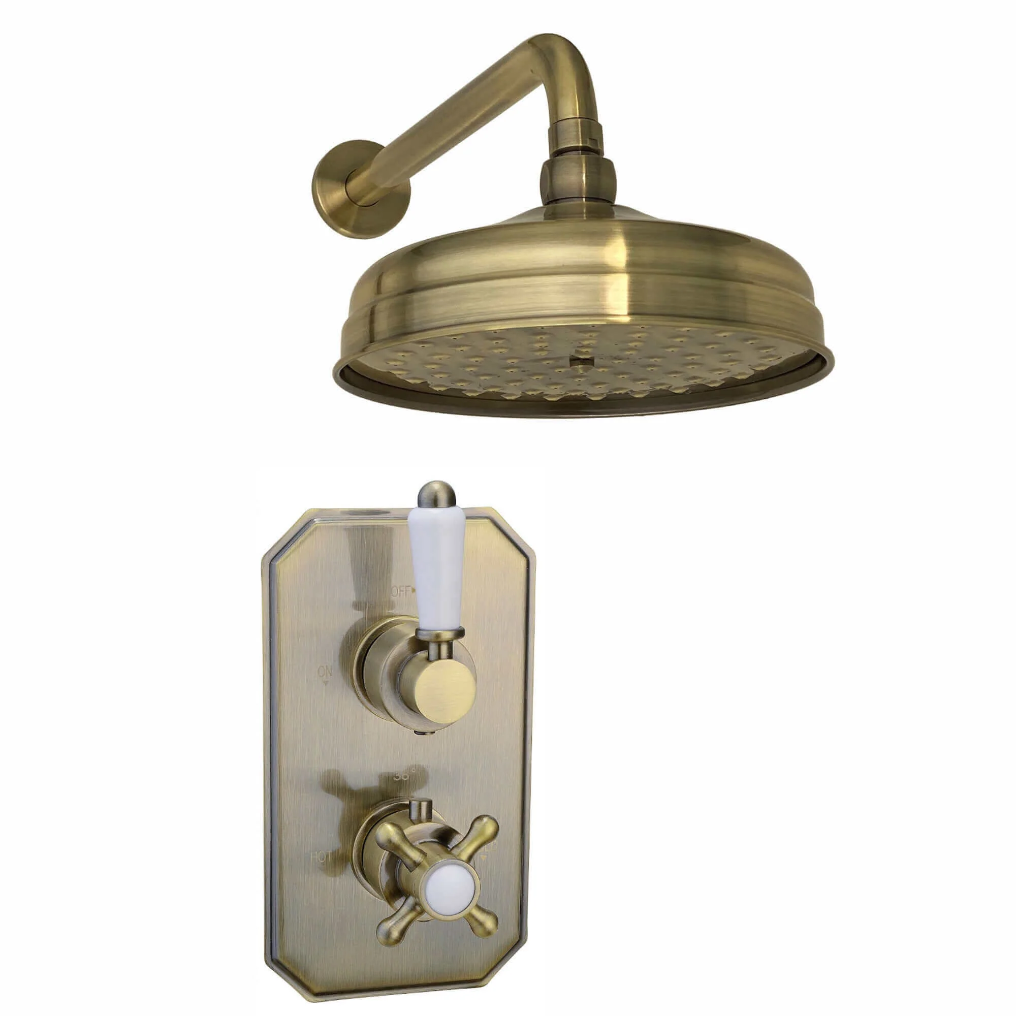 Regent Traditional Crosshead And White Lever Concealed Thermostatic Shower Set Wall Fixed 8" Shower Head - Antique Brass (1 Outlet) - Image 2