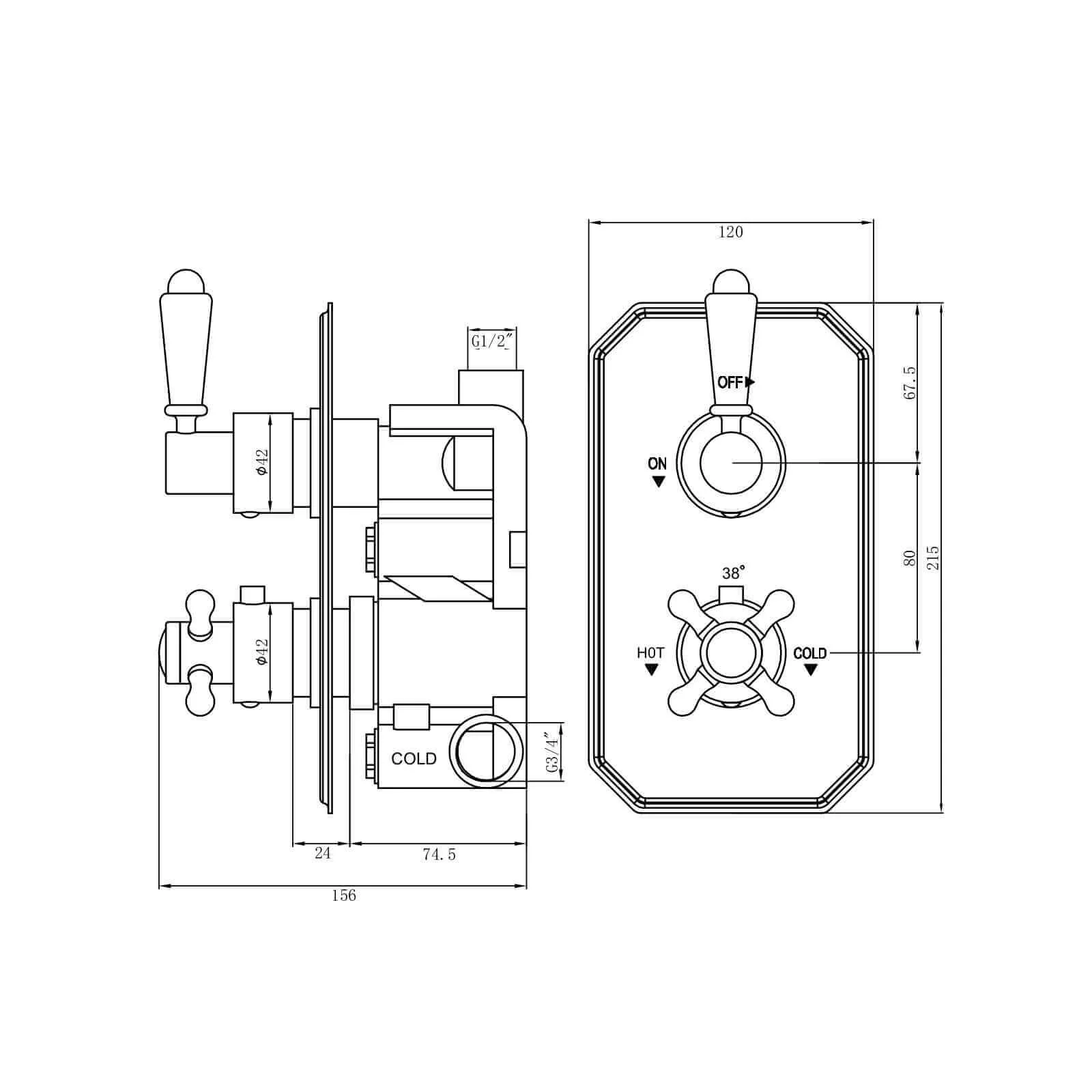 Regent Traditional Crosshead And White Lever Concealed Thermostatic Shower Set Wall Fixed 8" Shower Head - Chrome (1 Outlet) - Image 7