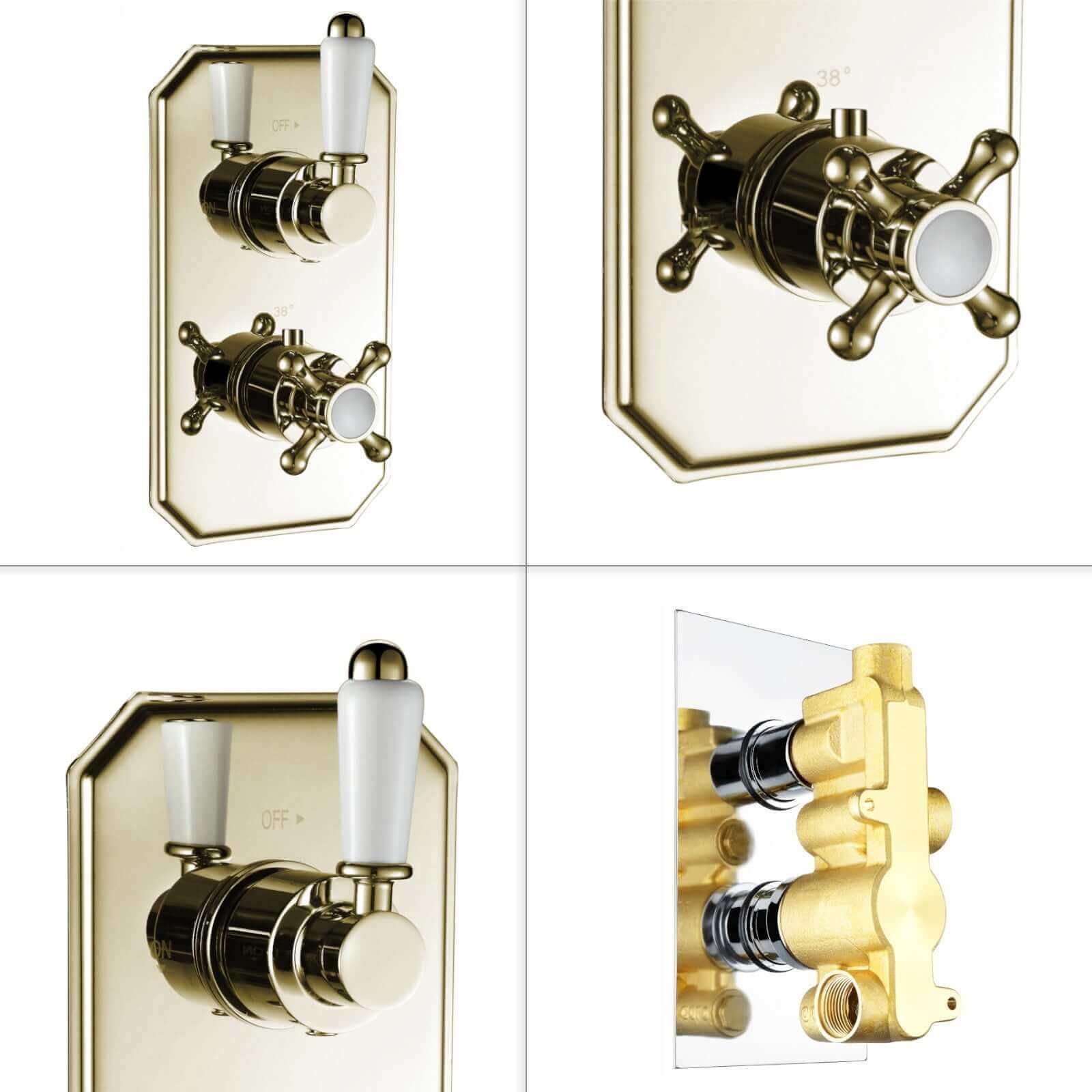 Regent Traditional Crosshead And White Lever Concealed Thermostatic Shower Set Wall Fixed 8" Shower Head - Gold (1 Outlet) - Image 5