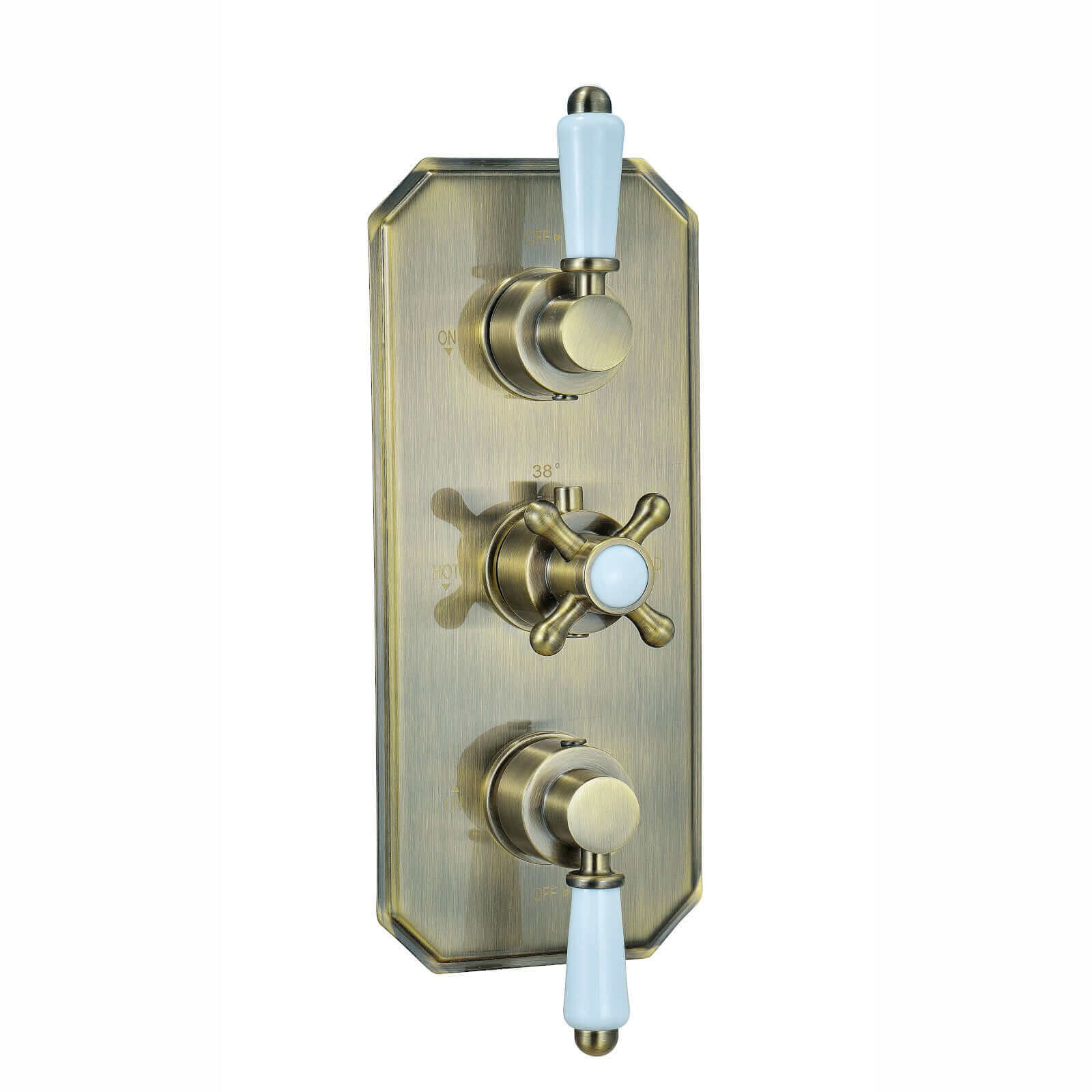 Regent traditional crosshead and white lever concealed thermostatic triple shower valve with 2 outlets - antique brass - Image 2