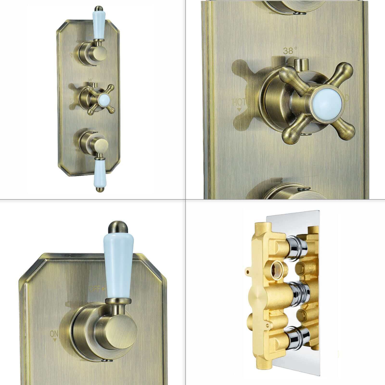 Regent traditional crosshead and white lever concealed thermostatic triple shower valve with 2 outlets - antique brass - Image 5