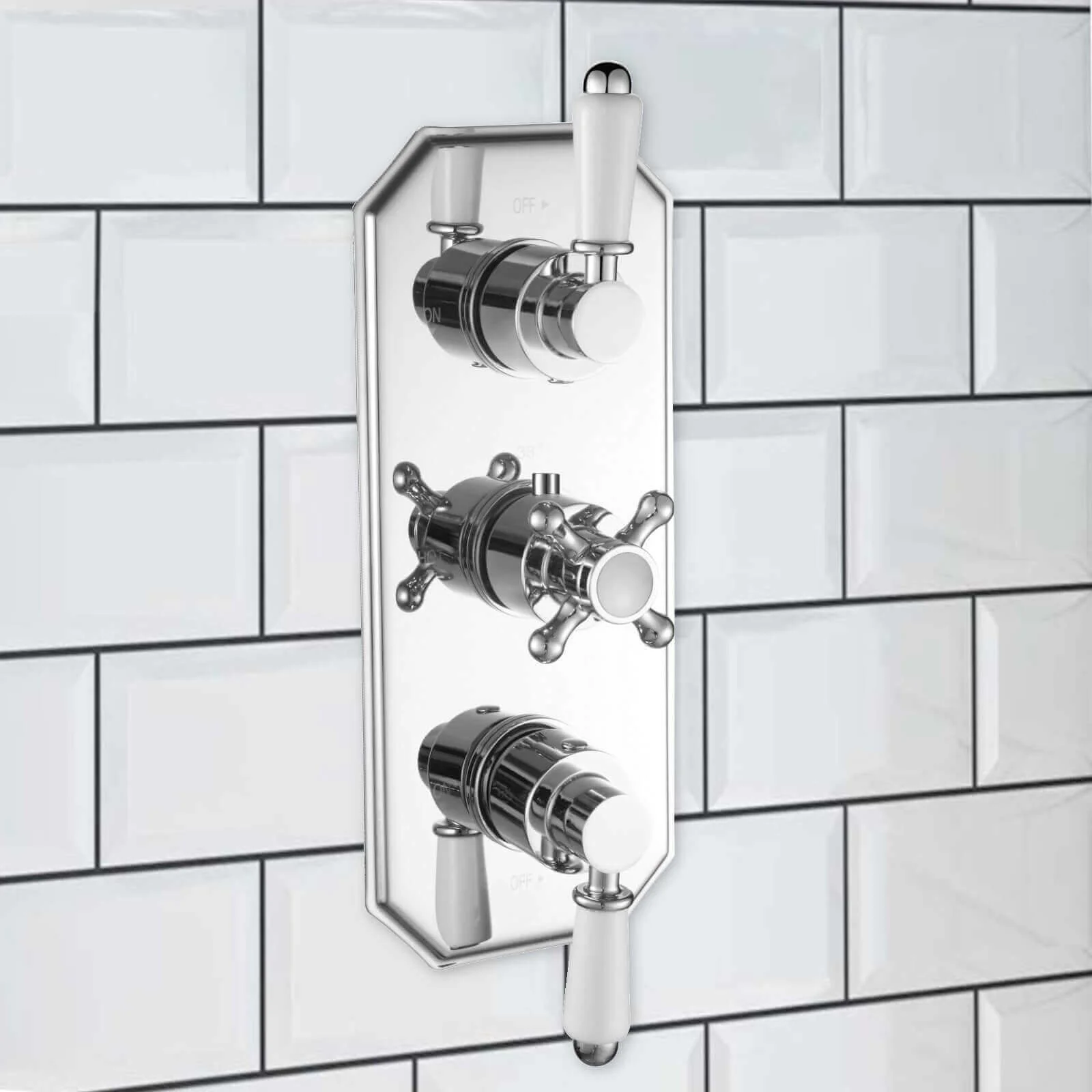 Regent traditional crosshead and white lever concealed thermostatic triple shower valve with 2 outlets - chrome