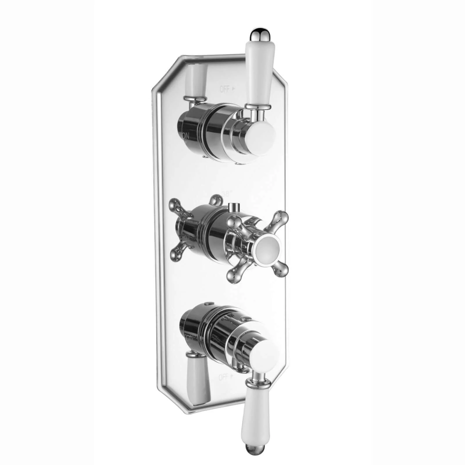 Regent traditional crosshead and white lever concealed thermostatic triple shower valve with 2 outlets - chrome - Image 2