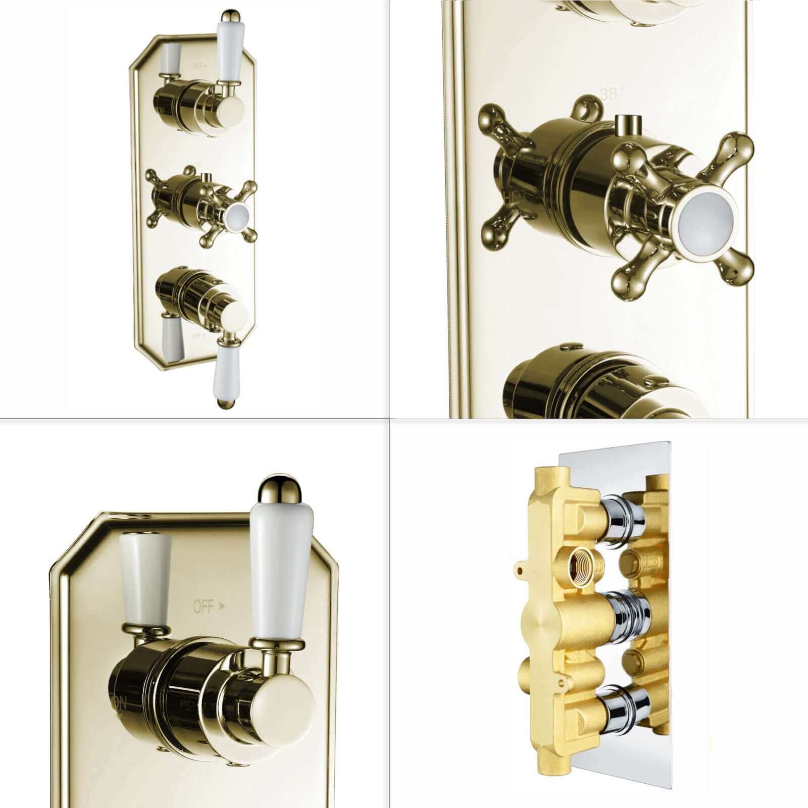 Regent traditional crosshead and white lever concealed thermostatic triple shower valve with 2 outlets - gold - Image 5