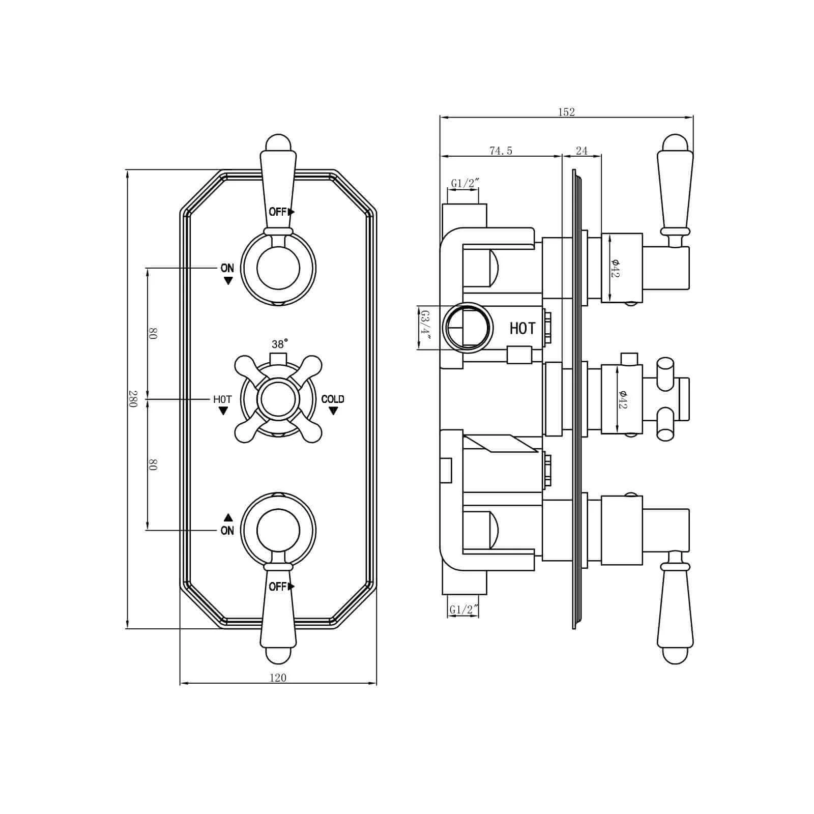 Regent traditional crosshead and white lever concealed thermostatic triple shower valve with 2 outlets - gold - Image 8