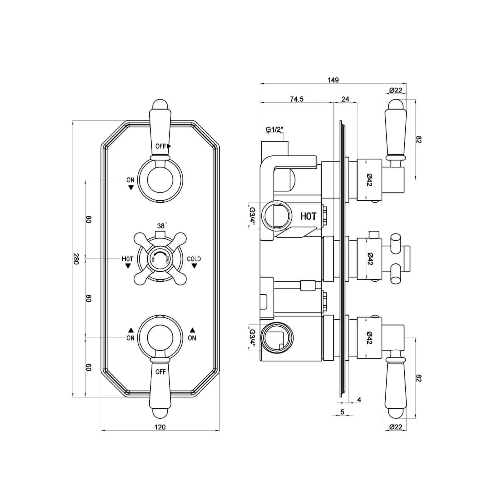 Regent traditional crosshead and white lever concealed thermostatic triple shower valve with 3 outlets - gold - Image 8