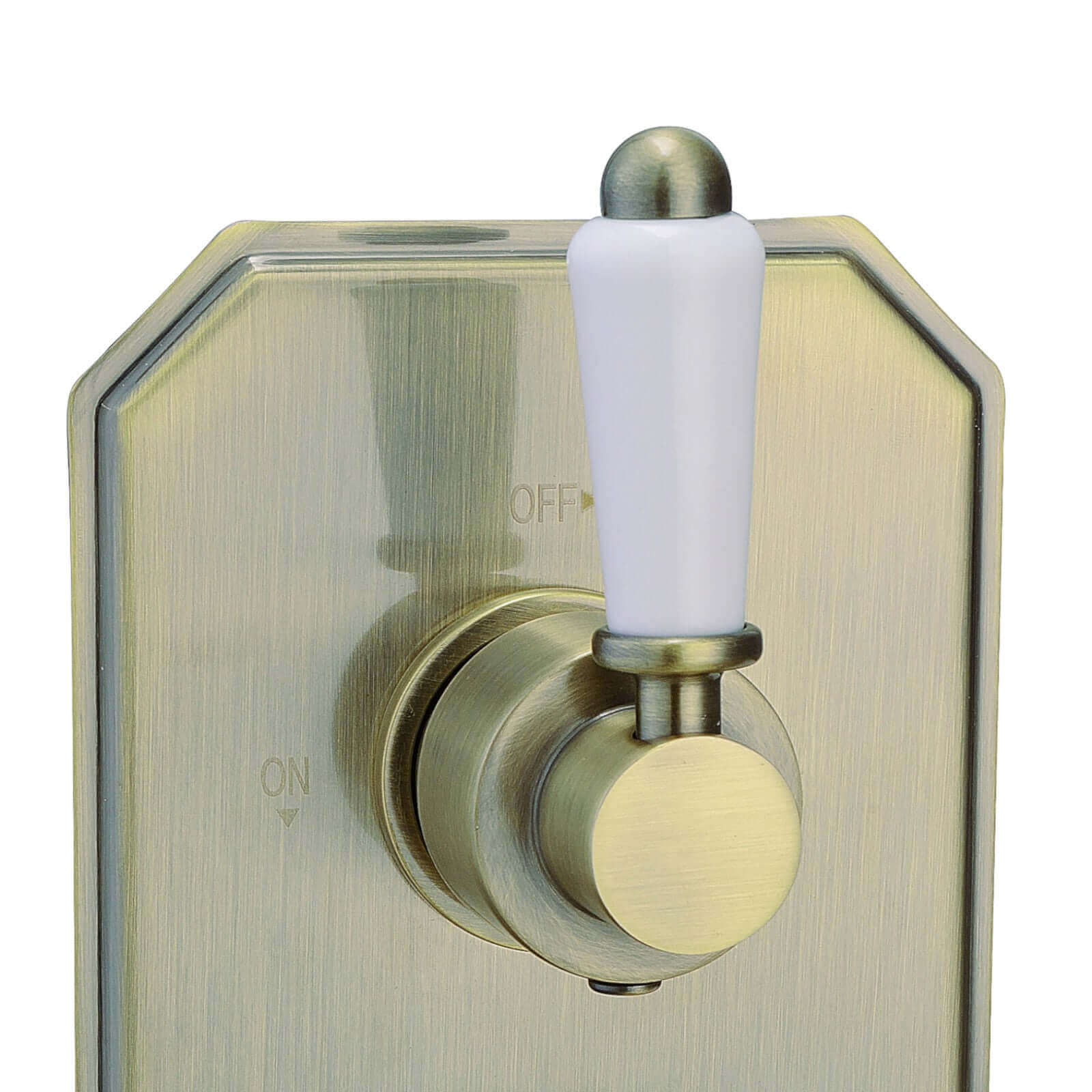 Regent traditional crosshead and white lever concealed thermostatic twin shower valve with 1 outlet - antique brass - Image 3