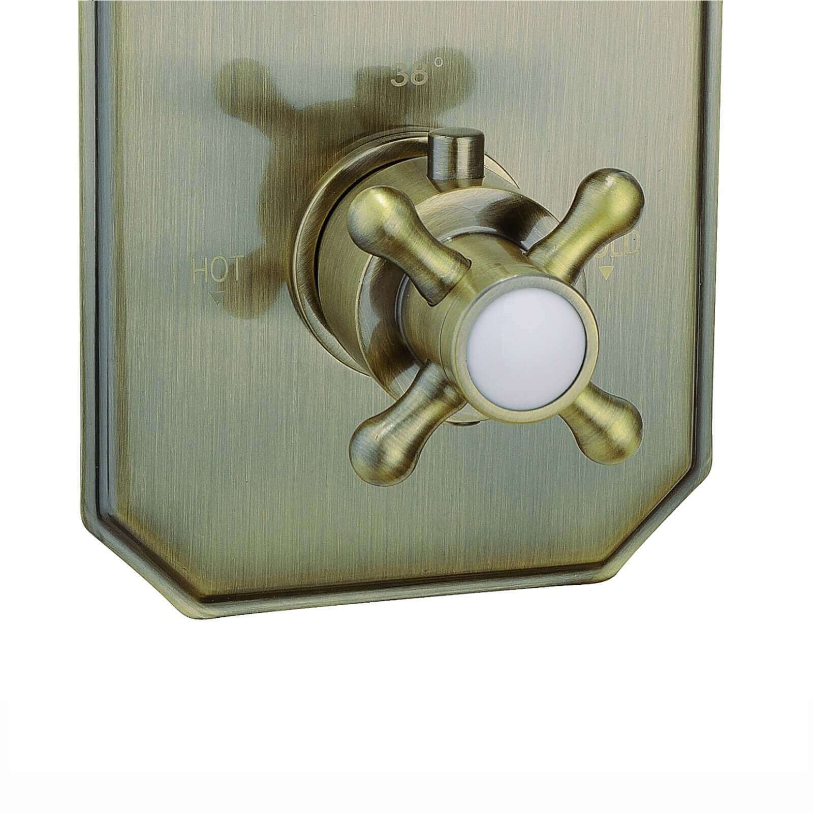 Regent traditional crosshead and white lever concealed thermostatic twin shower valve with 1 outlet - antique brass - Image 4