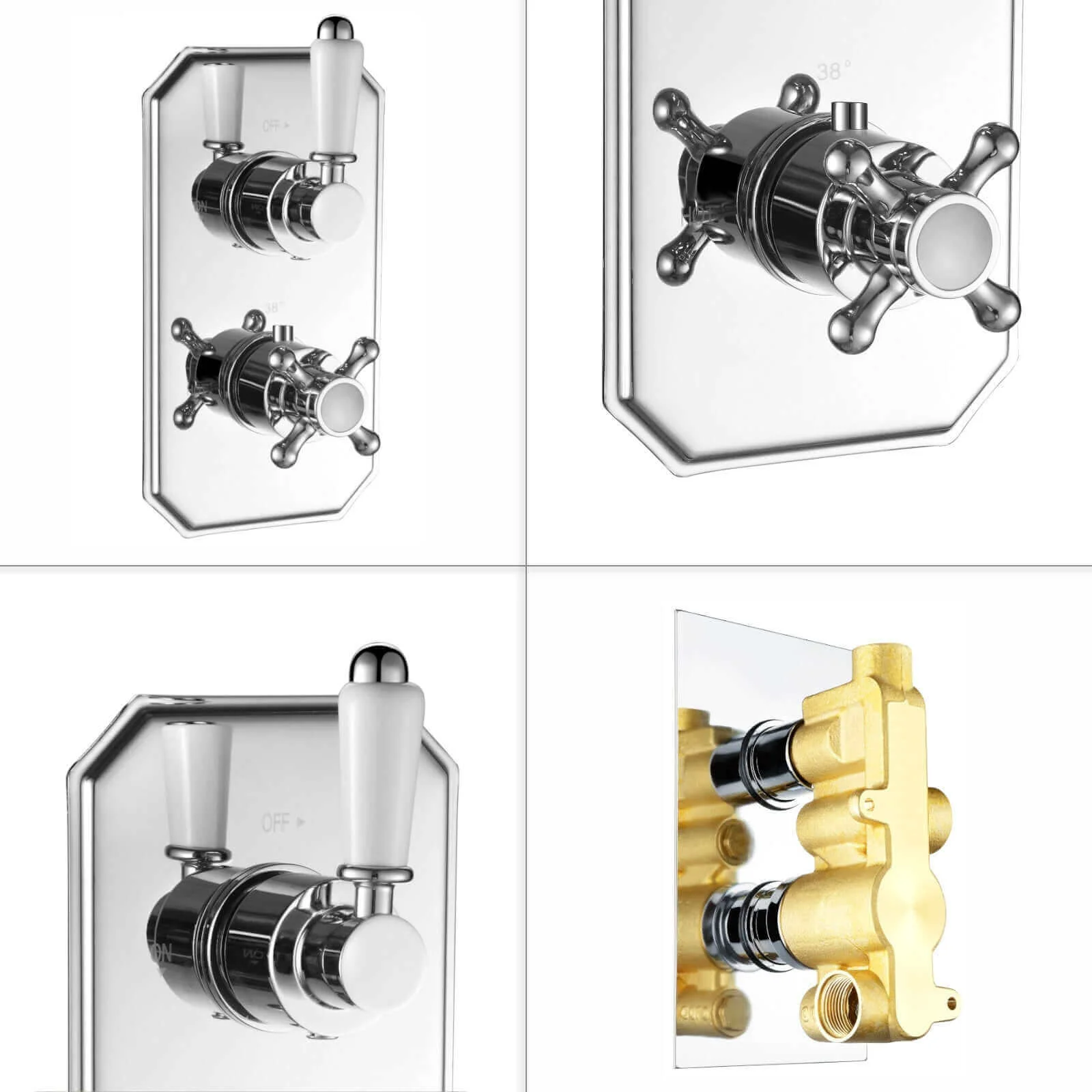 Regent traditional crosshead and white lever concealed thermostatic twin shower valve with 1 outlet - chrome - Image 5