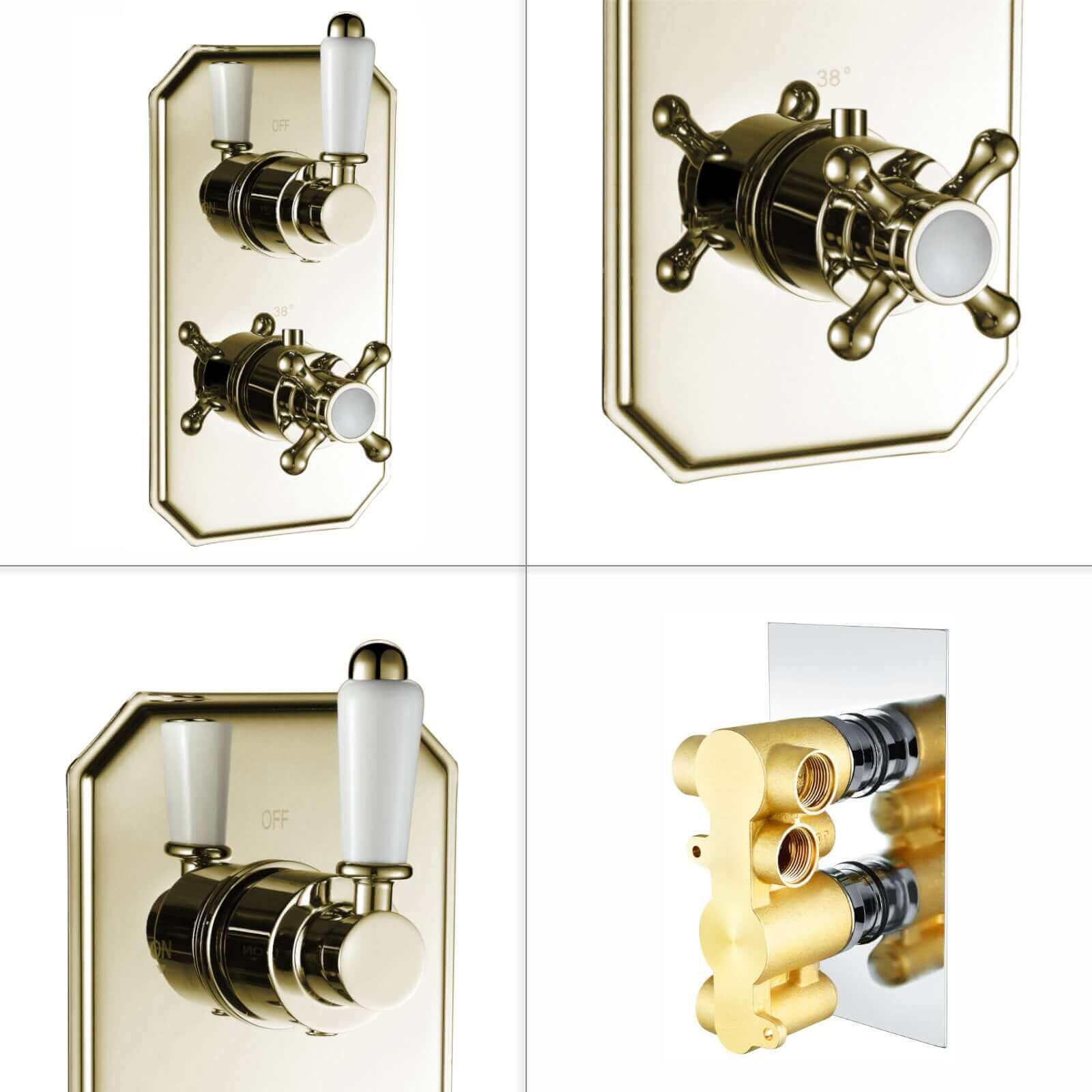 Regent traditional crosshead and white lever concealed thermostatic twin shower valve with 2 outlets - gold - Image 5